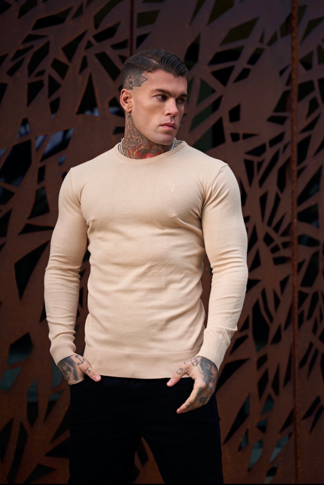 Classic Beige Crew Neck Knitted Jumper with Tonal Emblem - FSH672