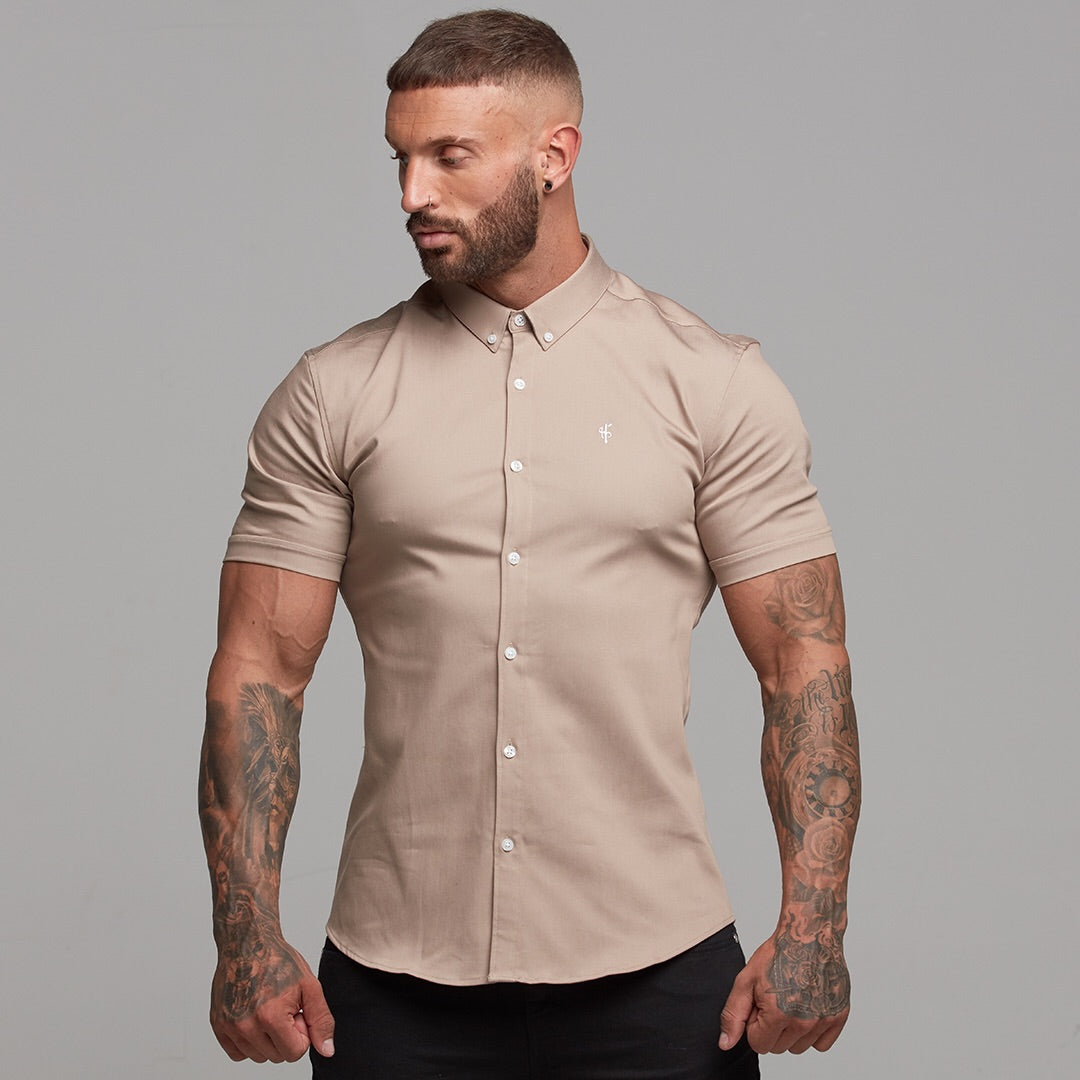Super Slim Stretch Beige Denim Short Sleeve - FS344
