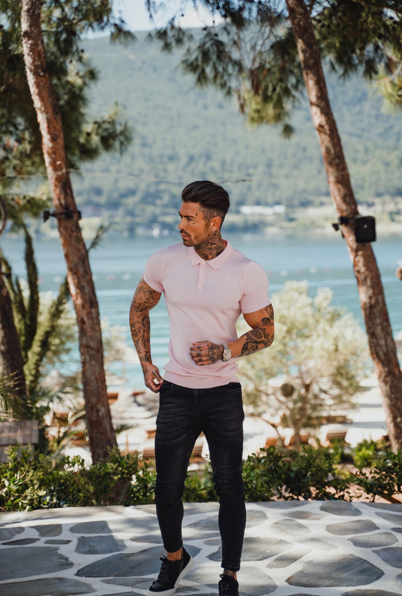 Classic Pale Pink Merino Wool Knitted Polo Jumper Short Sleeve With FS Embroidery- FSN028