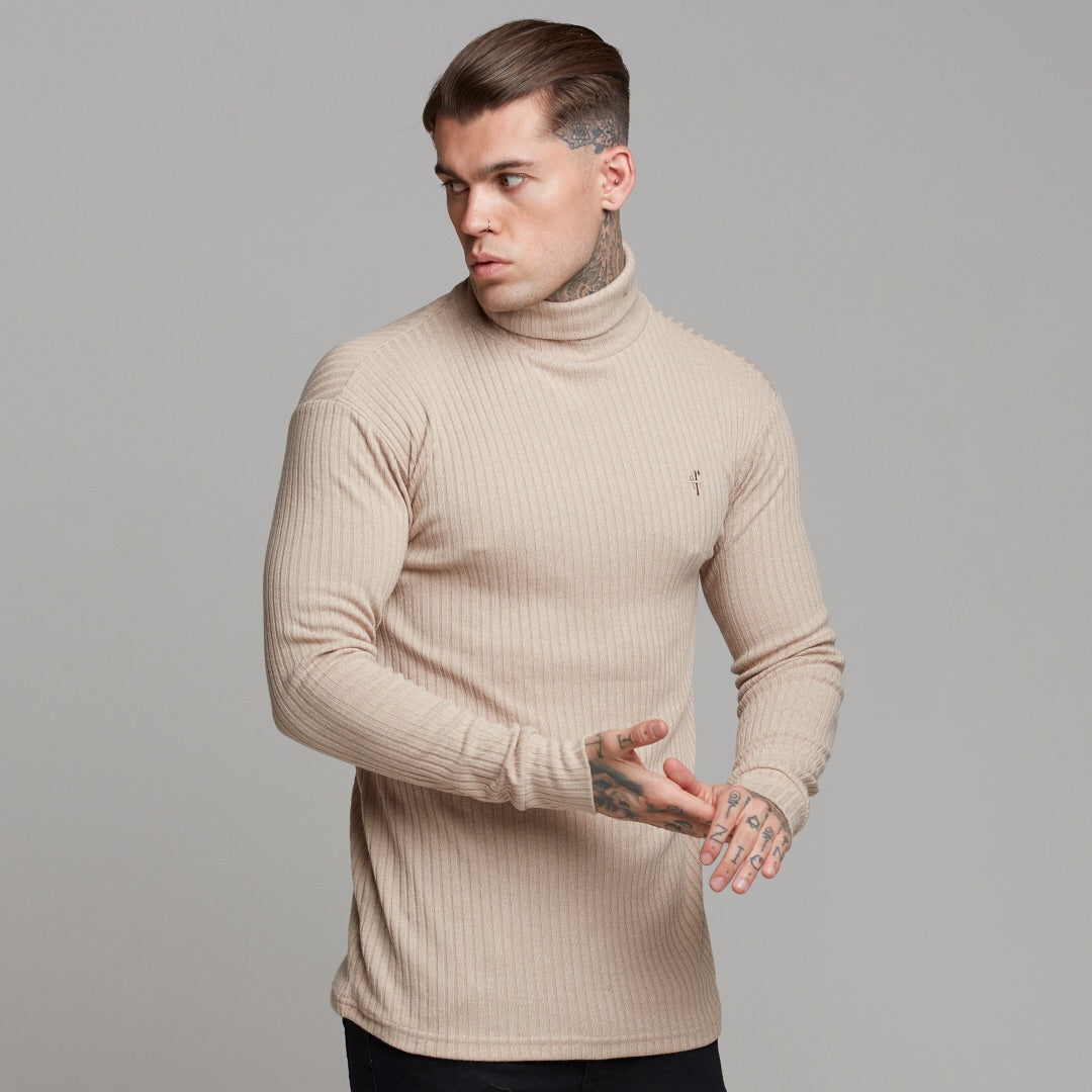 Classic Beige Ribbed Knit Roll-neck Jumper - FSH292