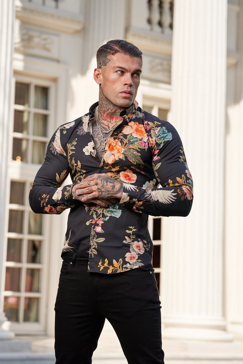 Father Sons Super Slim Stretch Black Crane Print Long Sleeve with Button Down Collar - FS772