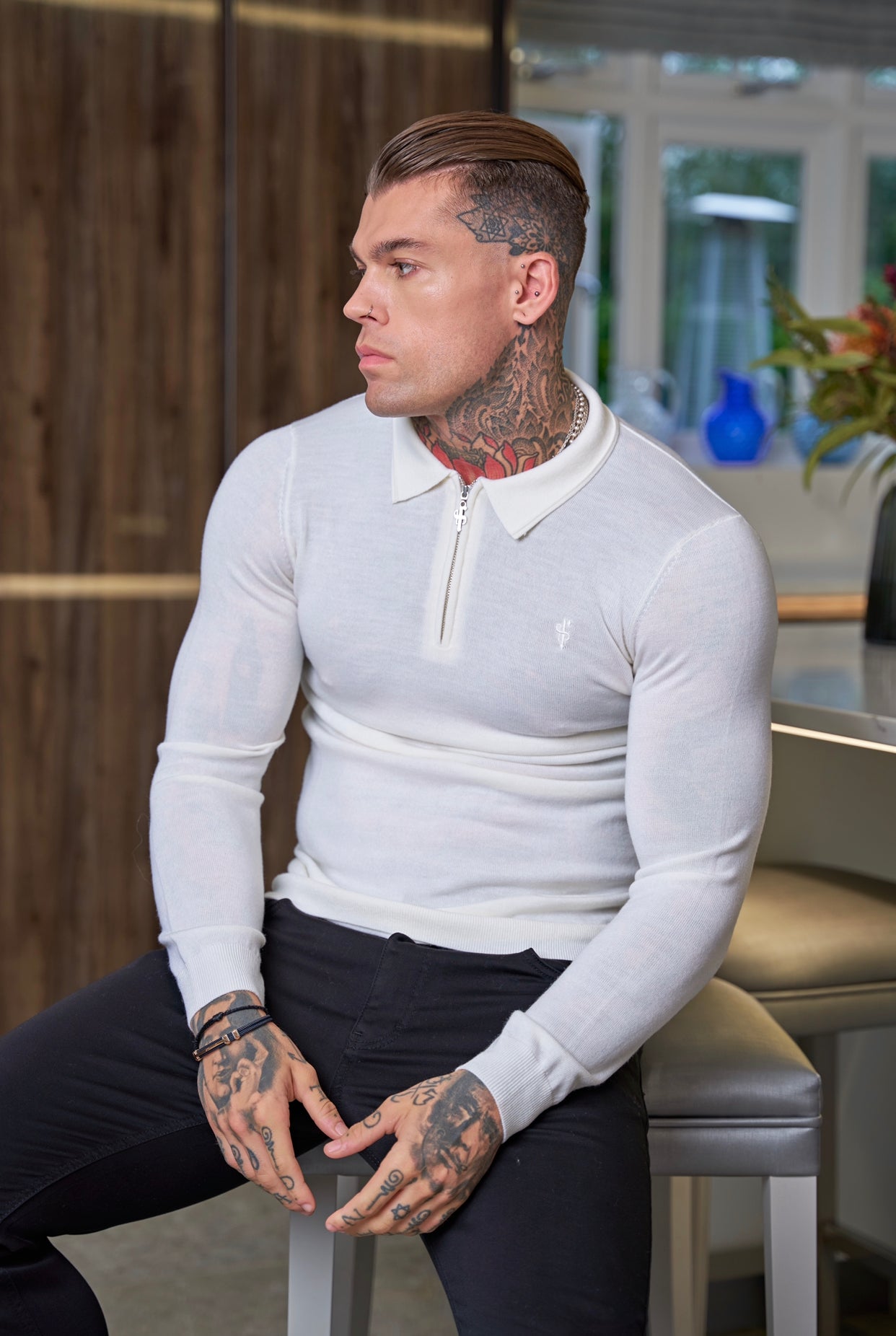 Classic White Merino Wool Knitted Zip Polo Long Sleeve Jumper With FS Embroidery- FSN019