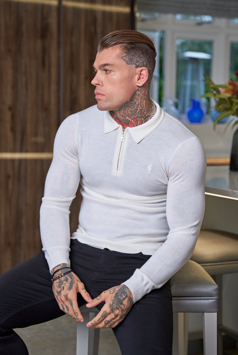 Father Sons Classic White Merino Wool Knitted Zip Polo Long Sleeve Jumper With FS Embroidery- FSN019