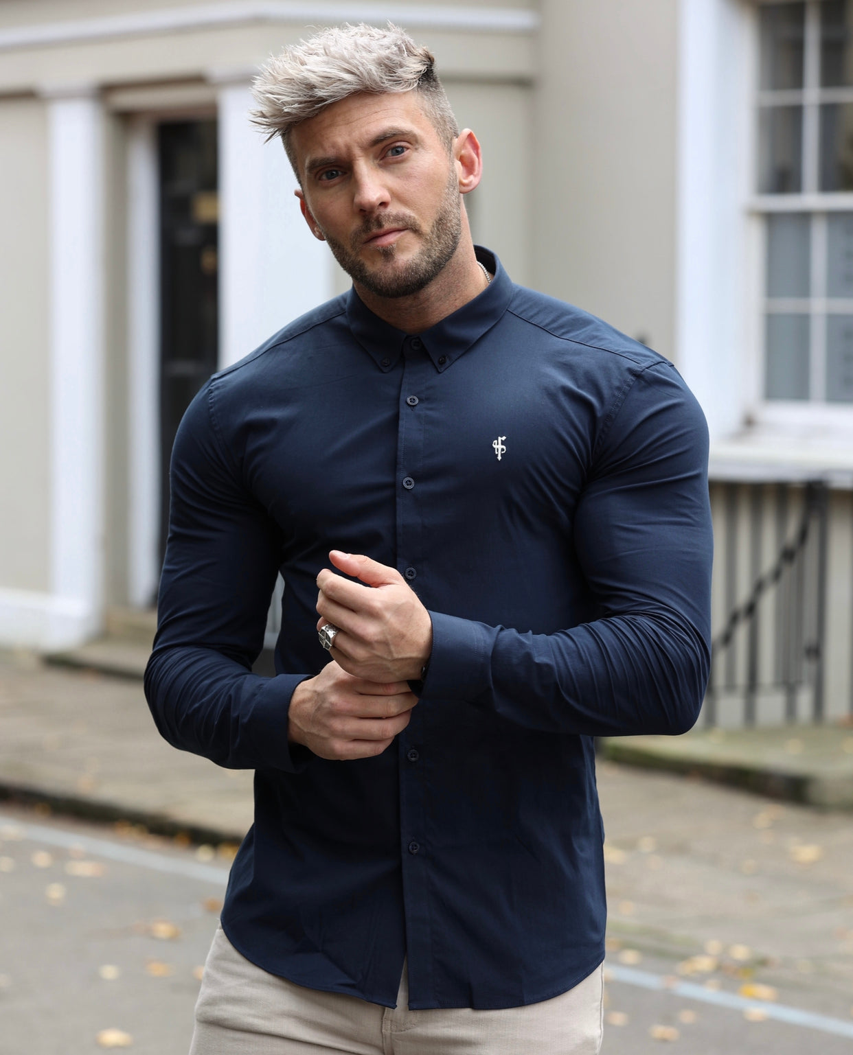 Super Slim Stretch Classic Navy Long Sleeve With Button Down Collar -  FS817