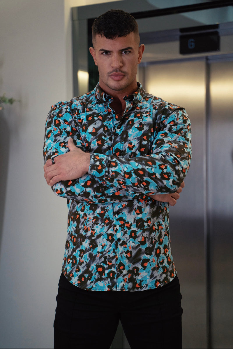 Father Sons Super Slim Stretch Multi Colour Abstract Leopard Print Long Sleeve with Button Down Collar - FS796