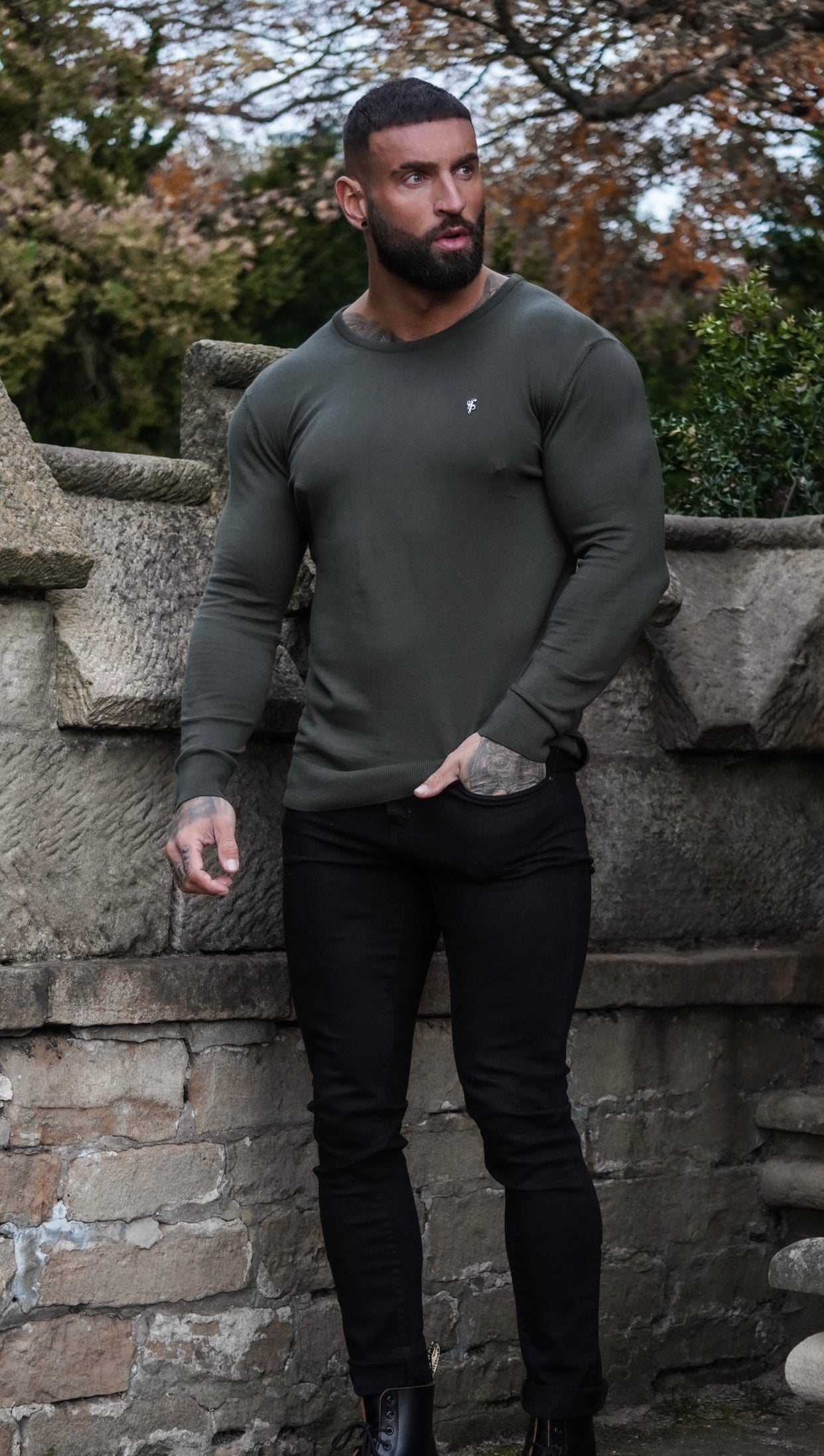 Classic Khaki Crew Neck Knitted Jumper with Gunmetal Emblem - FSH671
