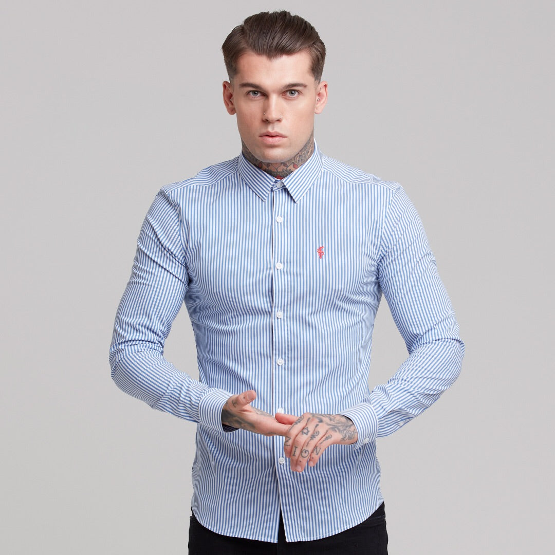 Super Slim Stretch White & Navy Stripe (Red Emblem)  -  FS513