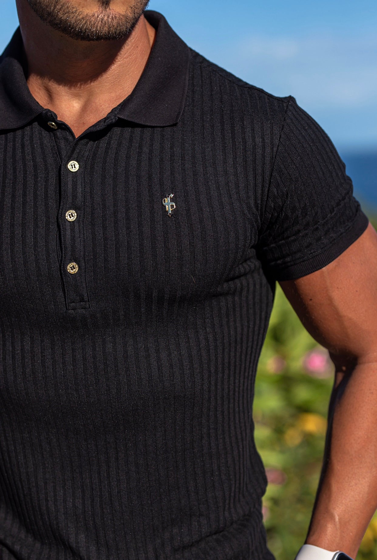 Classic Black Ribbed Polo Shirt with Gold Metal Emblem Decal & Buttons - FSH495