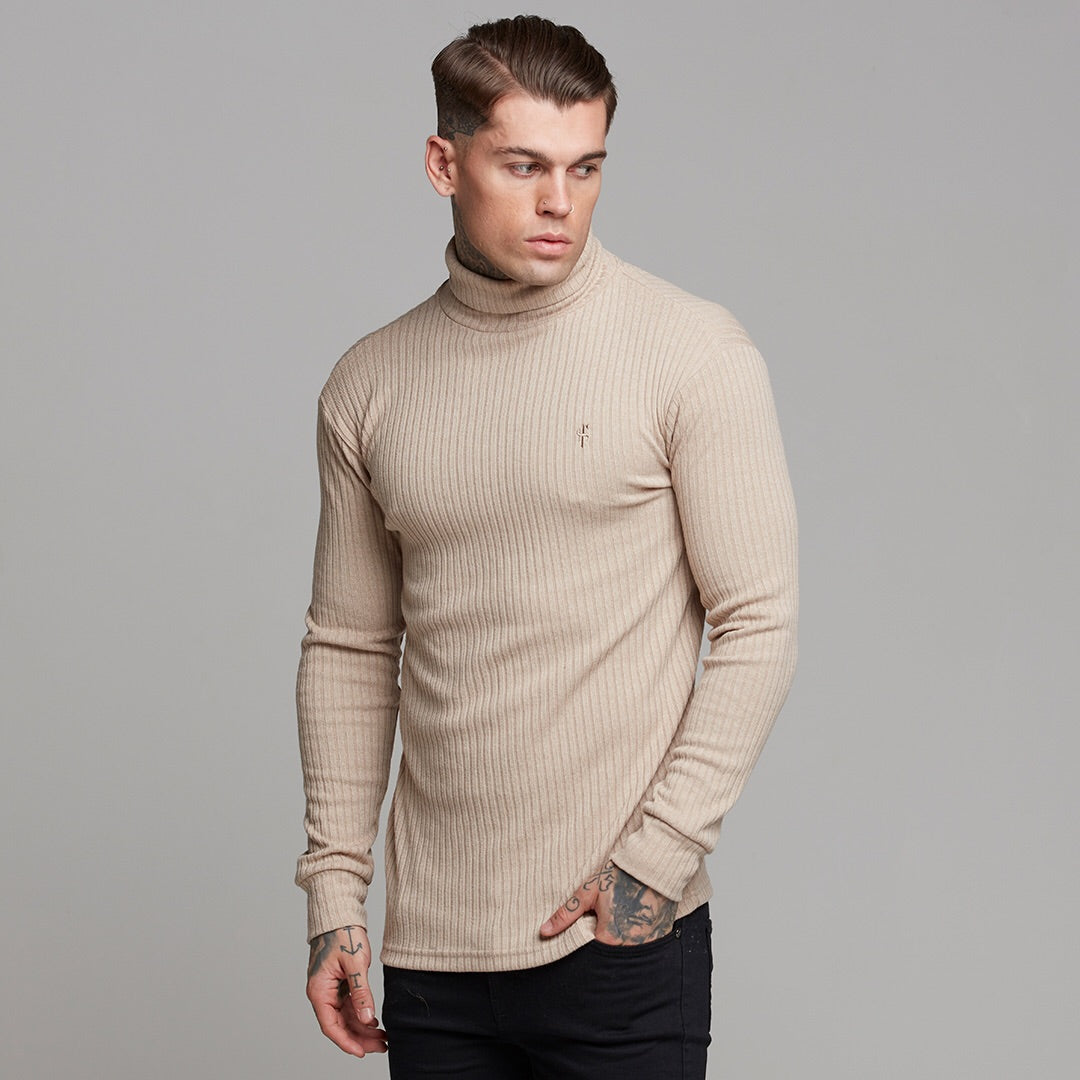 Classic Beige Ribbed Knit Roll-neck Jumper - FSH292
