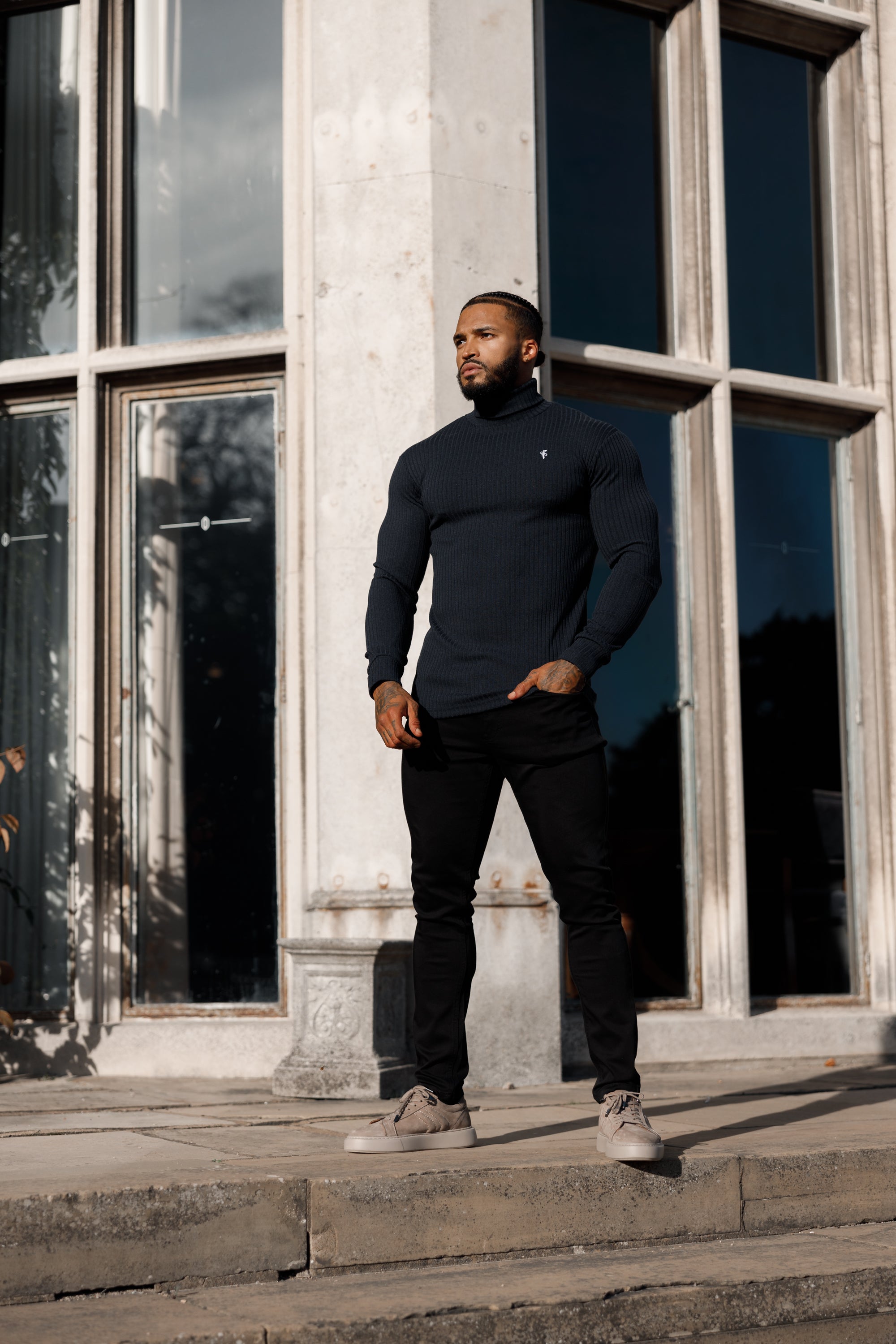 Classic Navy Ribbed Knit Roll neck Jumper - FSH778