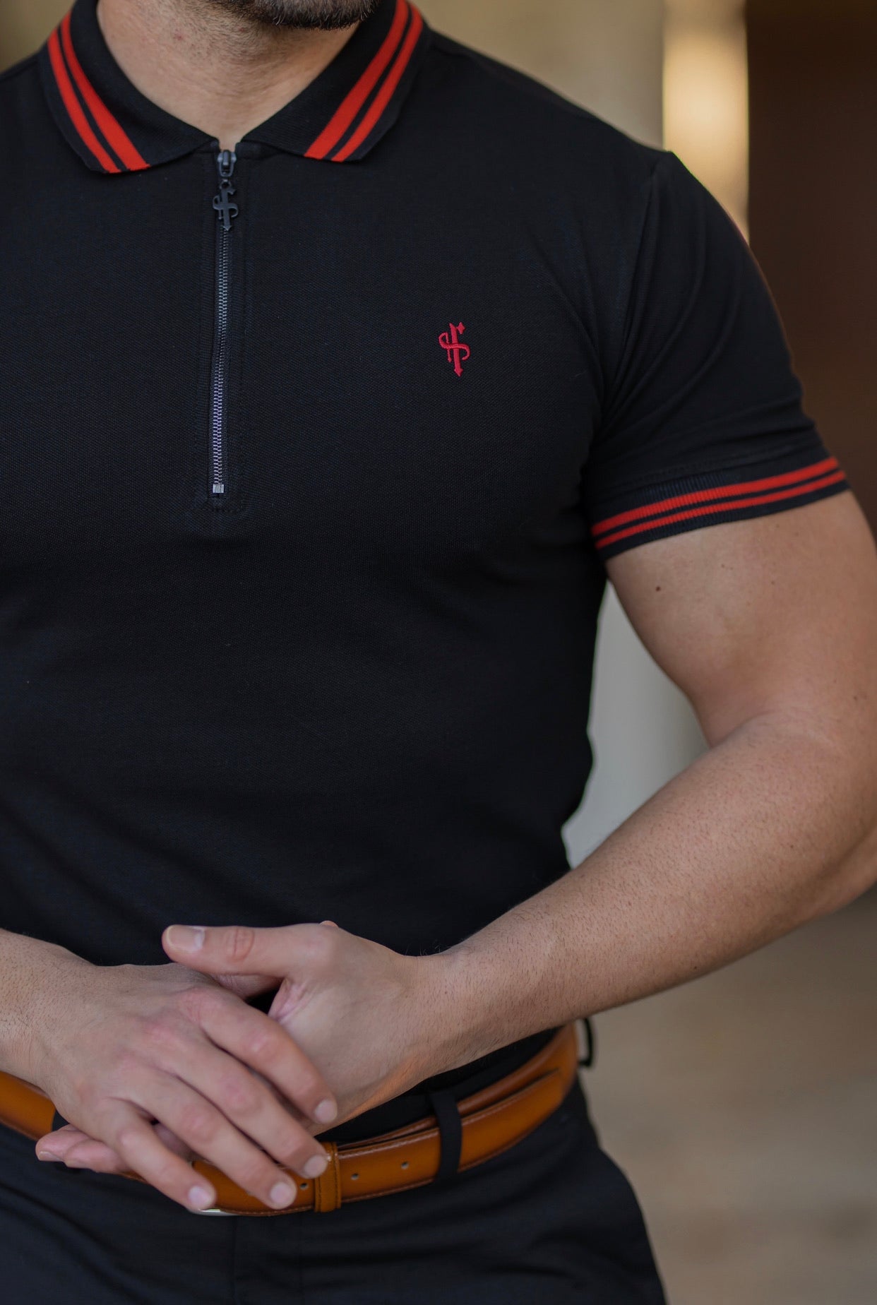 Classic Black / Red Collar and Sleeve Contrast Polo Short Sleeve - FSH619
