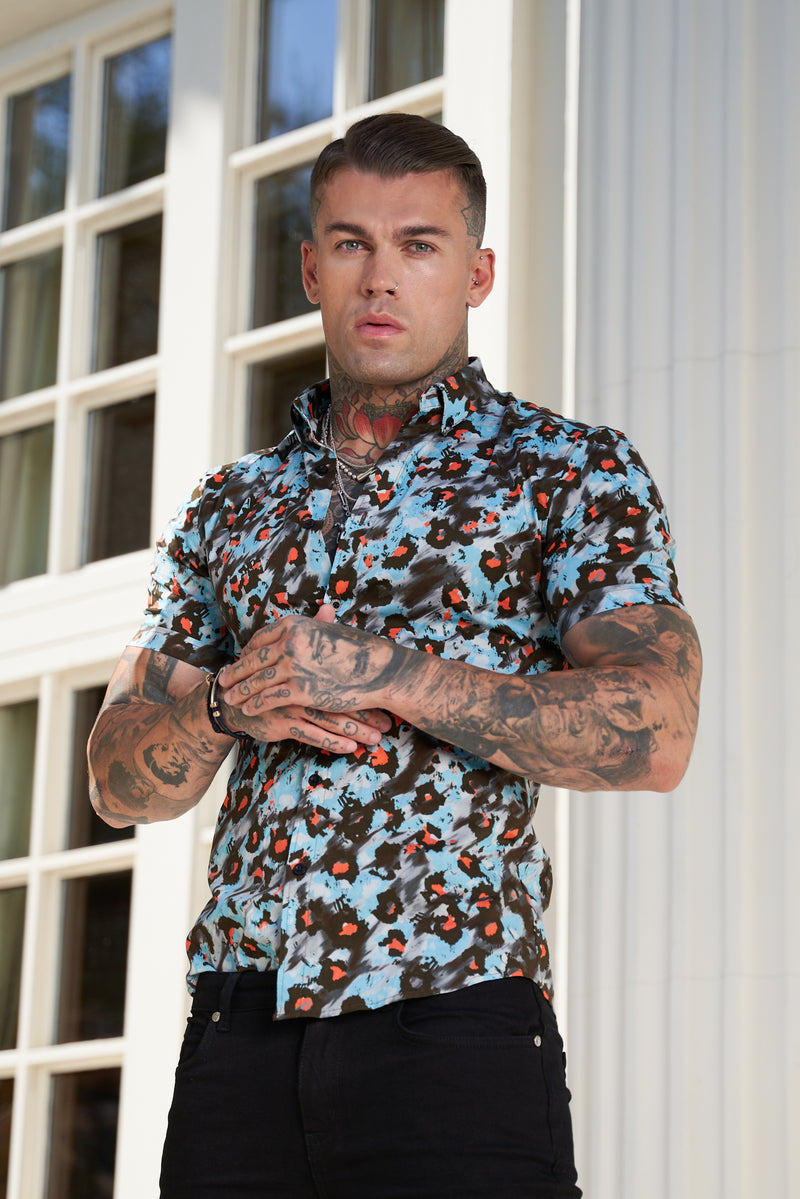 Father Sons Super Slim Stretch Multi Colour Abstract Leopard Print Short Sleeve with Button Down Collar - FS790