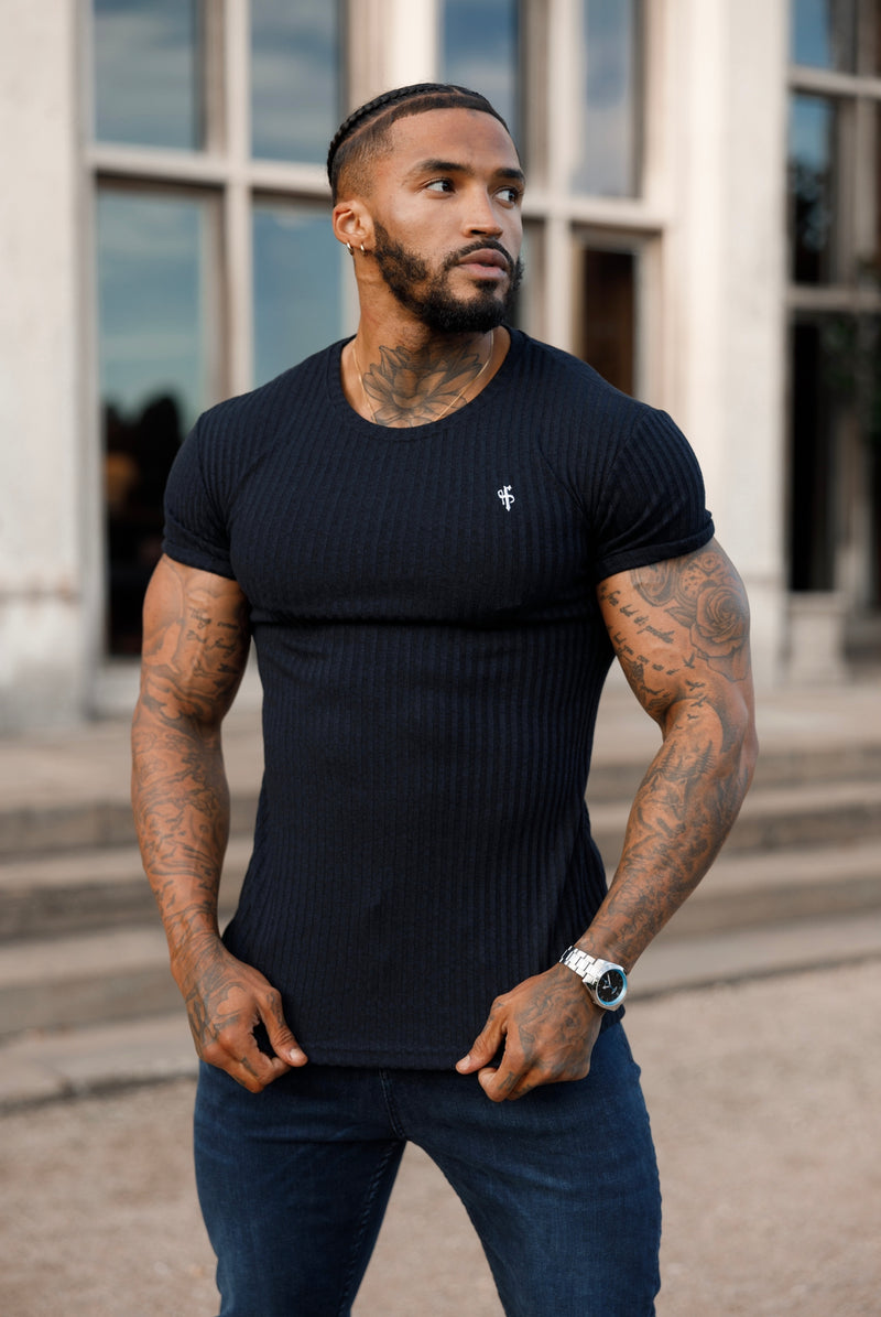 Father Sons Classic Dark Navy Ribbed Knit Super Slim Short Sleeve Crew With White Emblem - FSH772