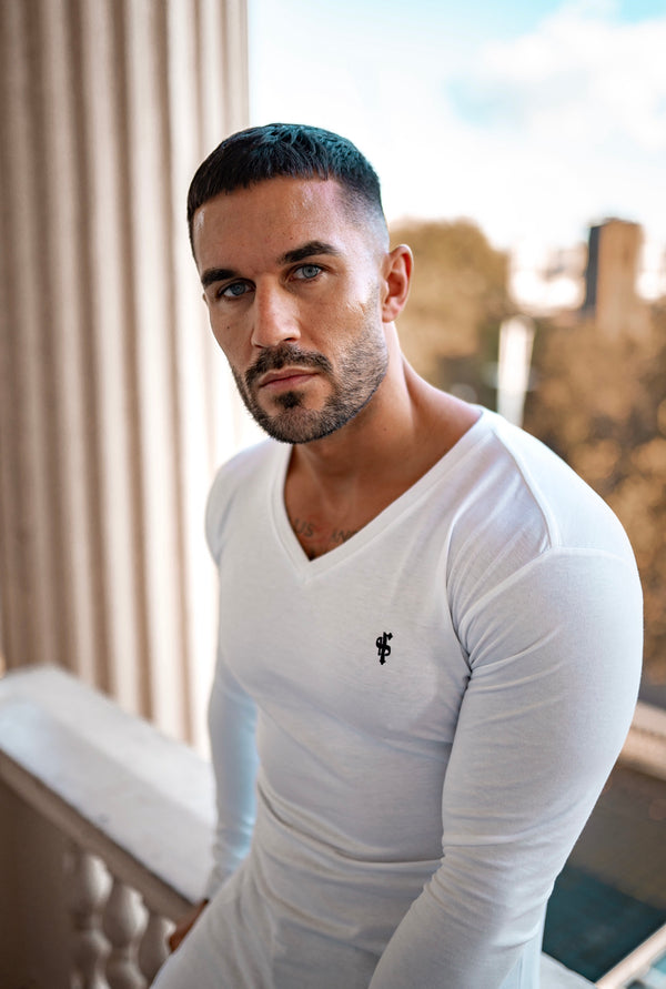 Father Sons Classic White Long Sleeve V neck Crew with ribbed cuff - FSH373