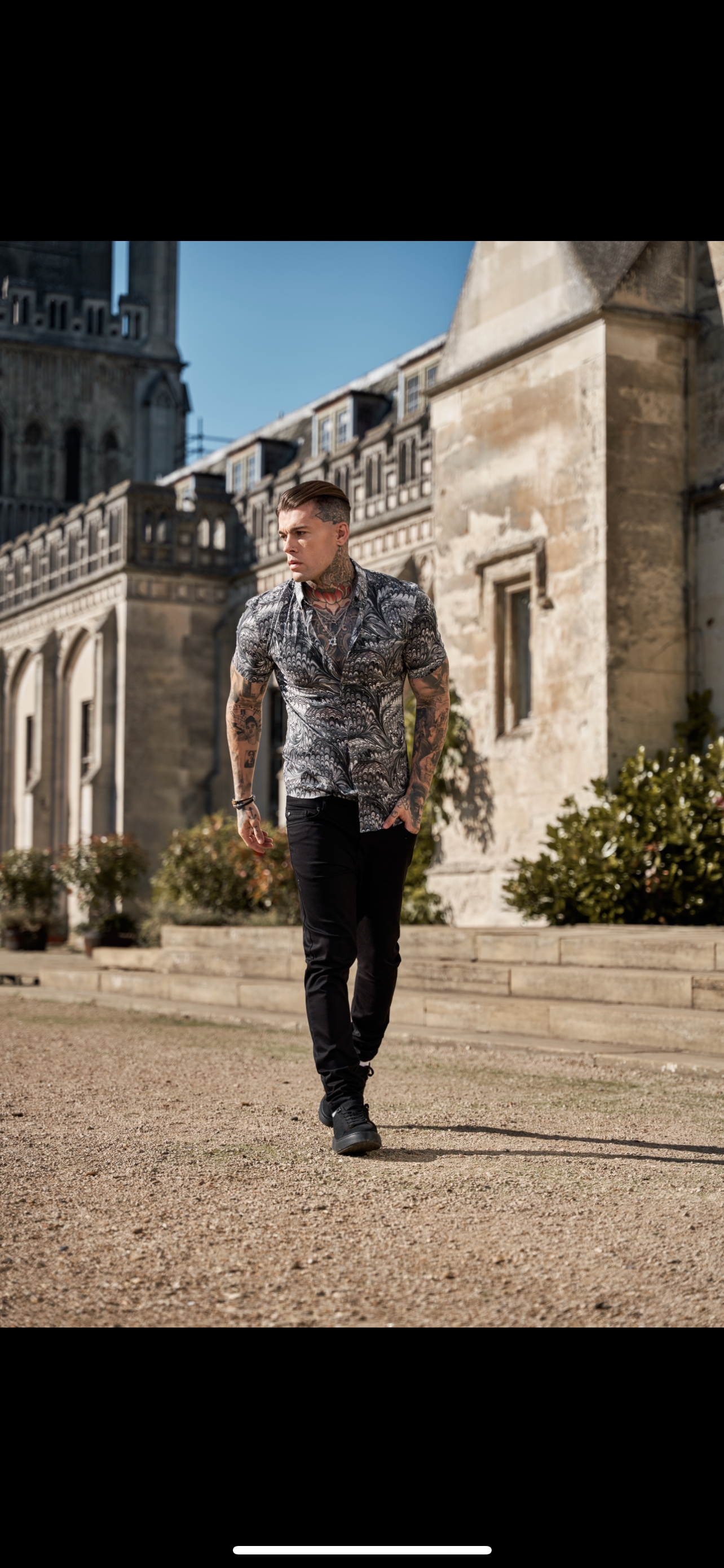 Super Slim Stretch Grey / Black Peacock Print Short Sleeve with Button Down Collar - FS913