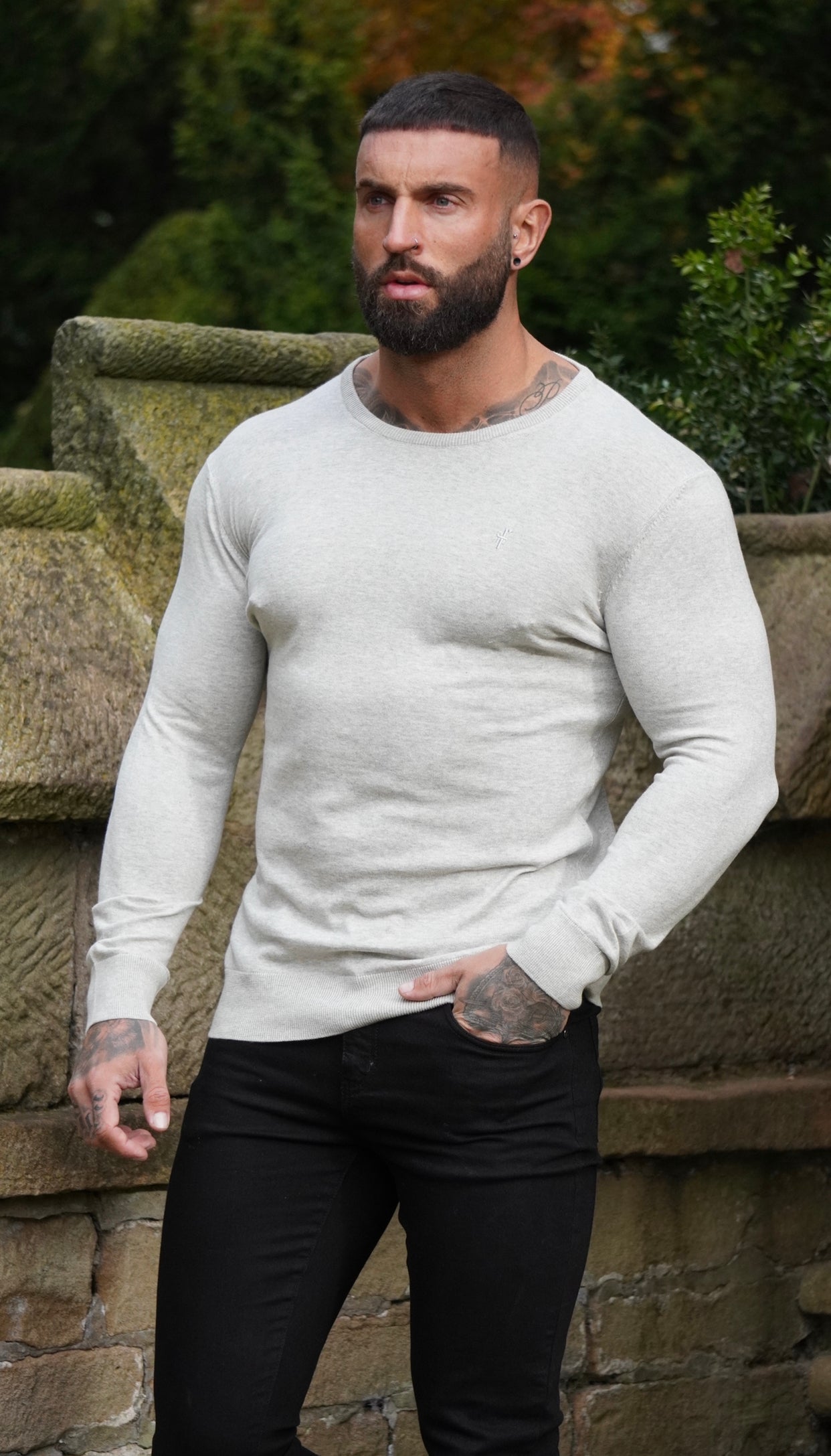 Classic Light Grey Marl Crew Neck Knitted Jumper with Tonal Emblem - FSH674