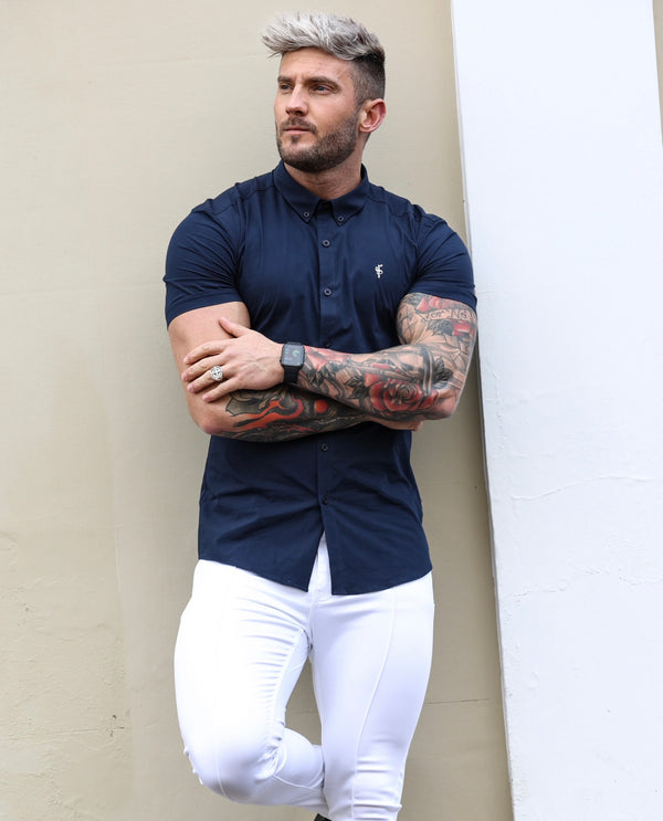 Father Sons Super Slim Stretch Classic Navy Short Sleeve With Button Down Collar -  FS816