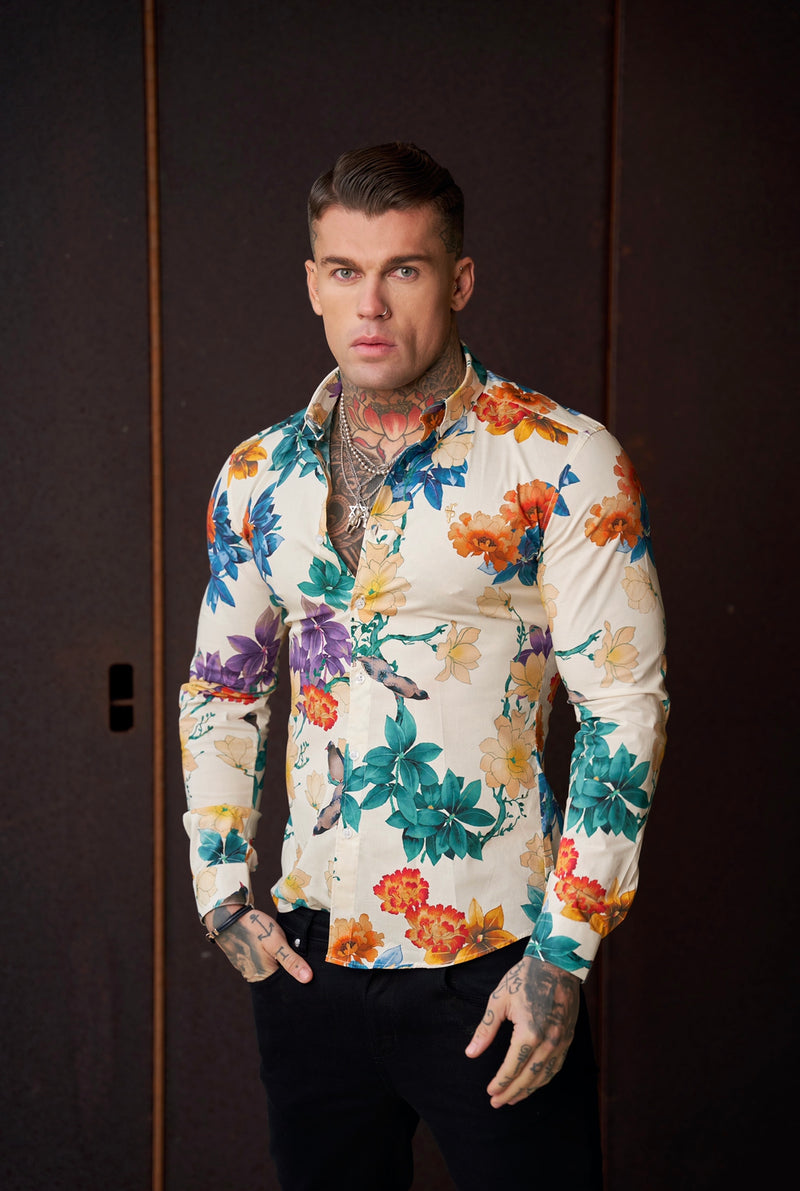 Father Sons Super Slim Stretch Ecru with Vibrant Floral Print Long Sleeve with Button Down Collar - FS858