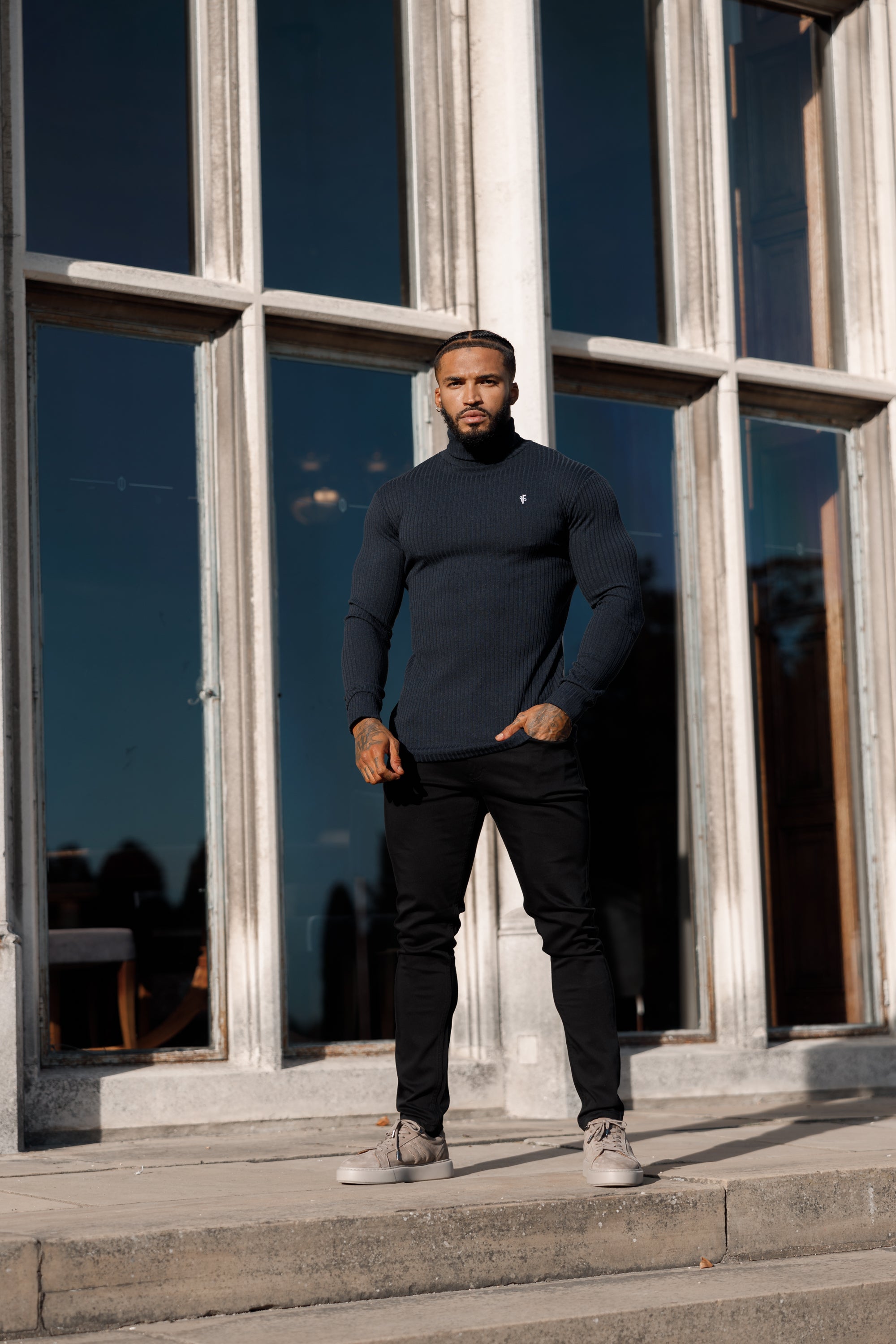 Classic Navy Ribbed Knit Roll neck Jumper - FSH778