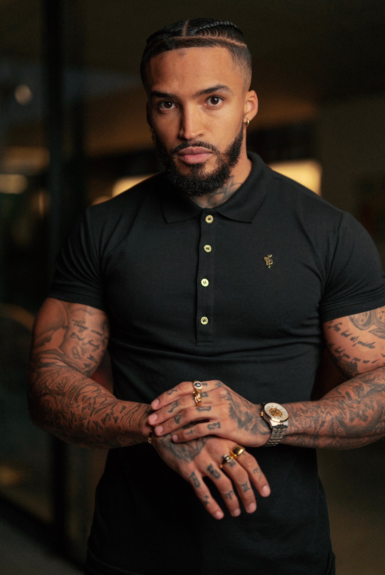 Classic Black Polo Shirt with Gold Metal Emblem Decal & Buttons - FSH458