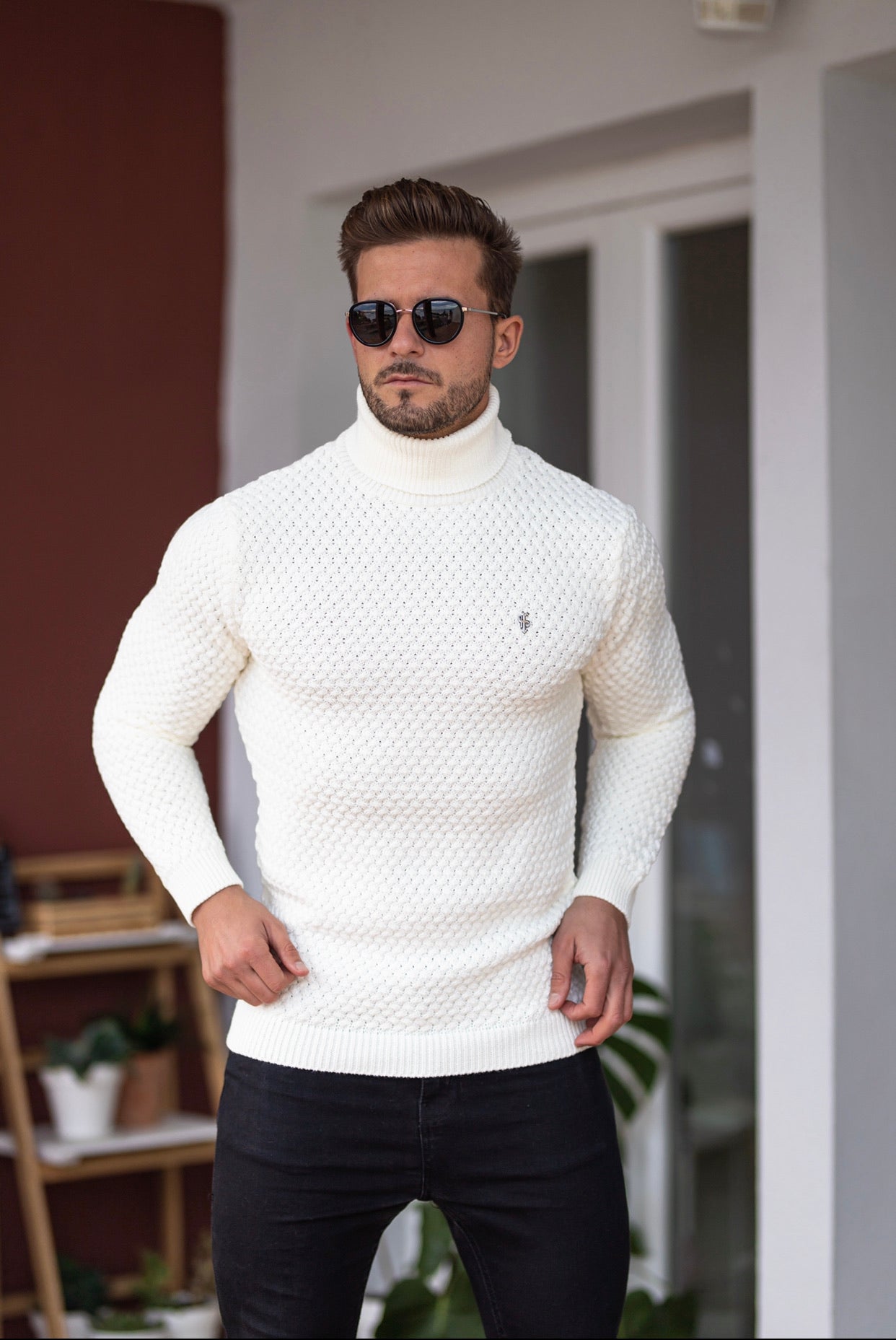 Cream Knitted Roll Neck Weave Super Slim Jumper With Metal Decal - FSJ026