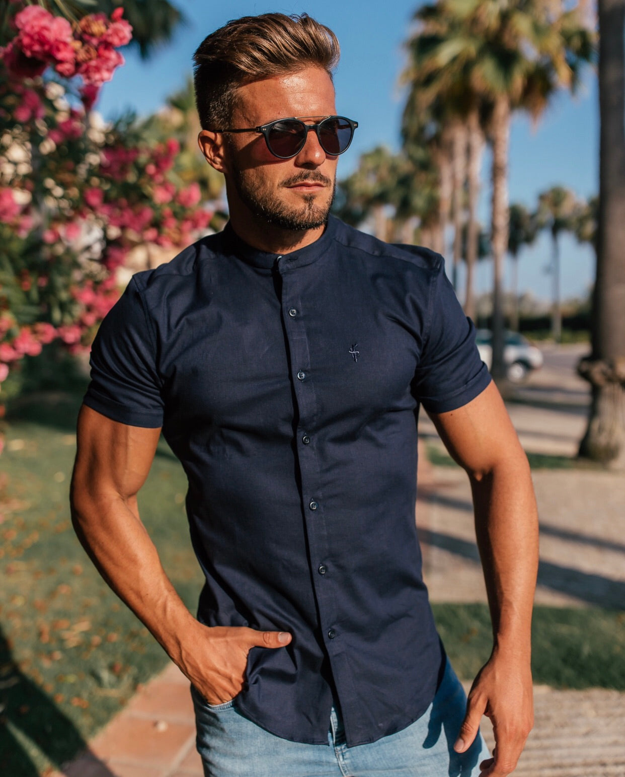 Super Slim Stretch Grandad Collar Short Sleeve Classic Navy Oxford - FS584