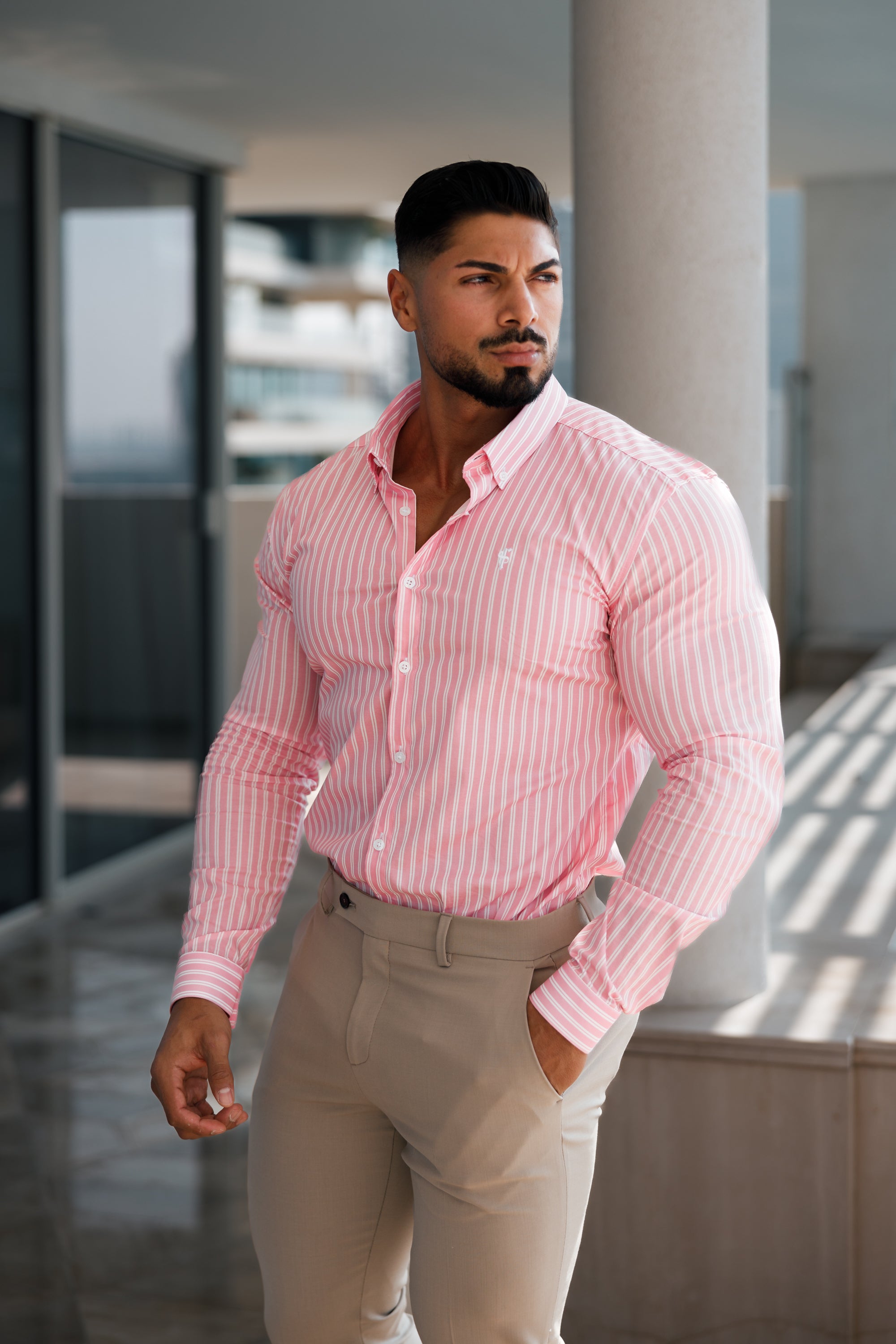 Super Slim Stretch White / Pink Stripe Print Long Sleeve with Button Down Collar - FS888
