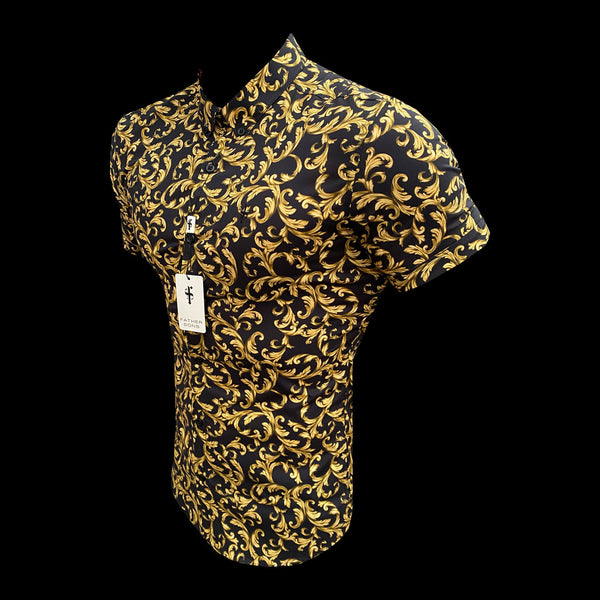Father Sons Super Slim Stretch Black / Gold Scroll Print Short Sleeve with Button Down Collar - FS809
