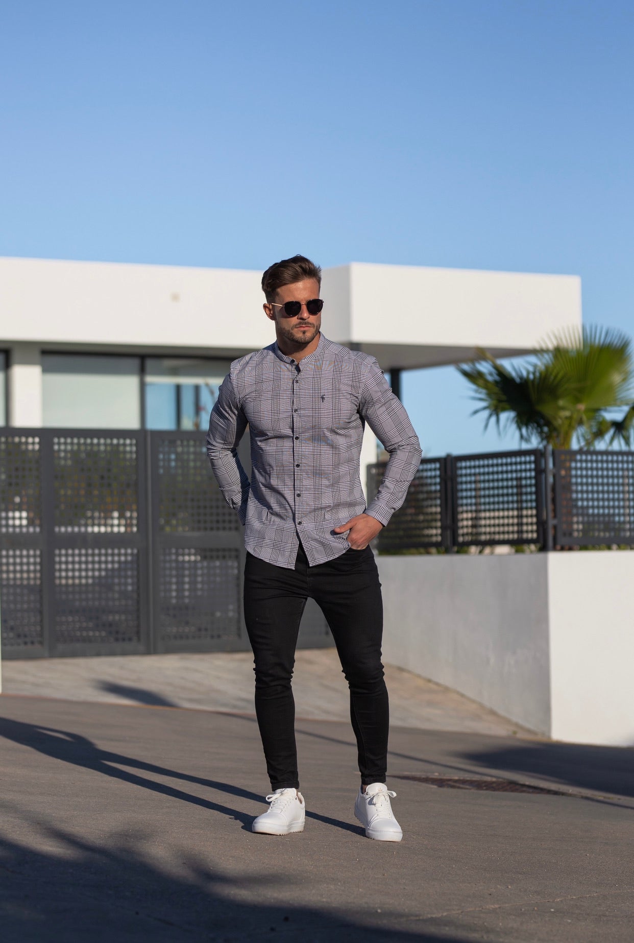 Super Slim Stretch Prince Of Wales White and Black Print Check Long Sleeve with Grandad Collar- FS746