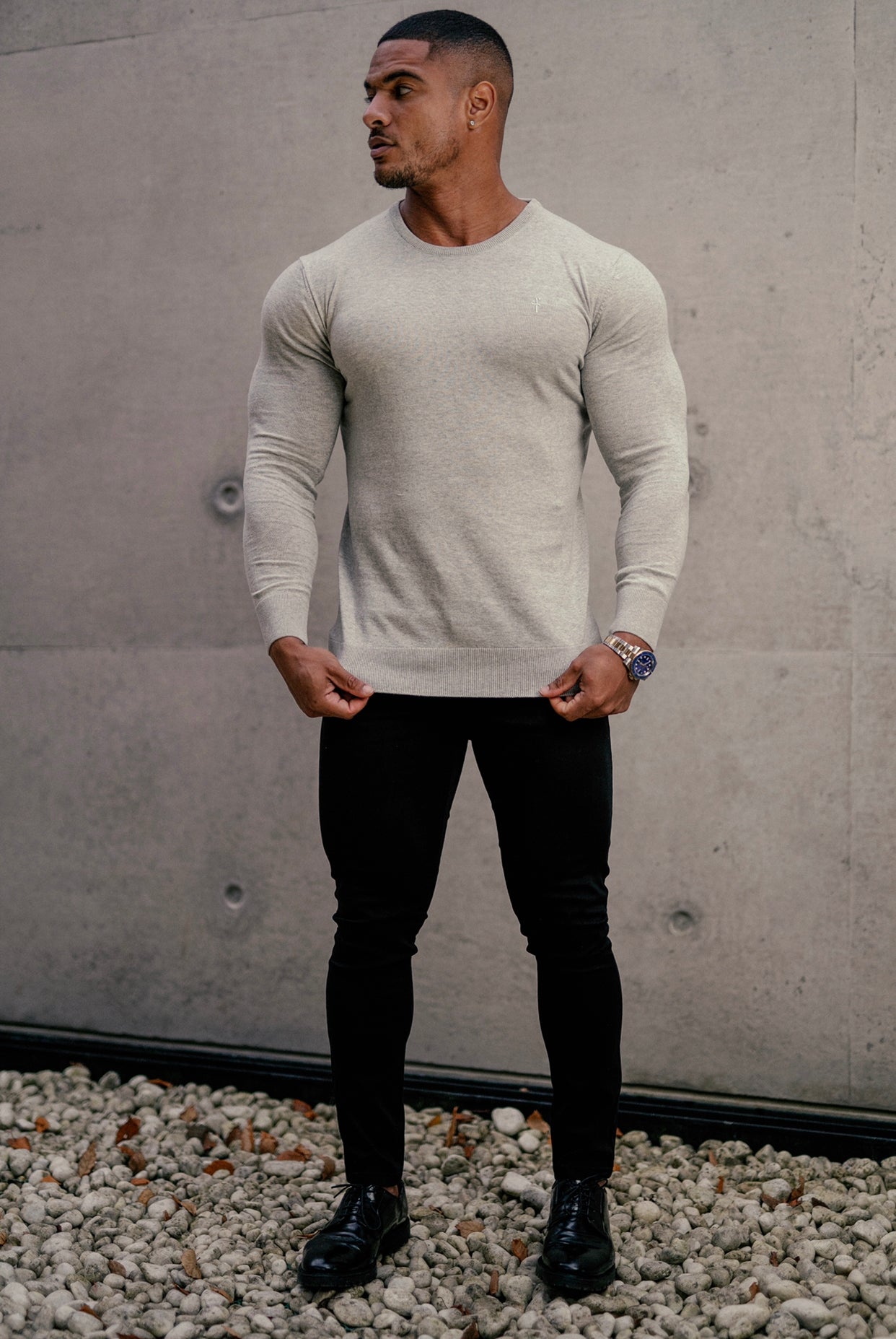 Classic Light Grey Marl Crew Neck Knitted Jumper with Tonal Emblem - FSH674