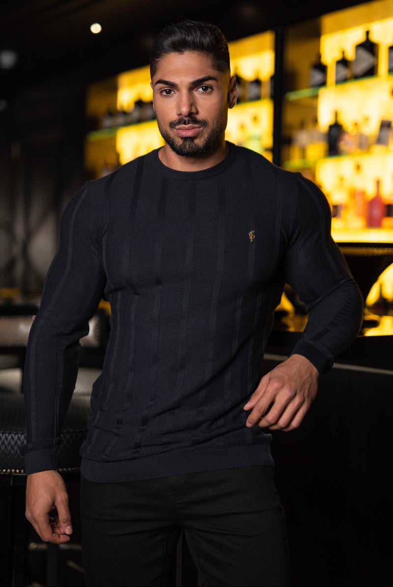 Father Sons Classic Long Sleeve Black Knitted Wide Rib Crew with Gold Emblem - FSH607