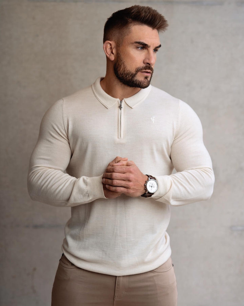 Father Sons Classic Beige Merino Wool Knitted Zip Polo Long Sleeve Jumper With FS Embroidery- FSN008