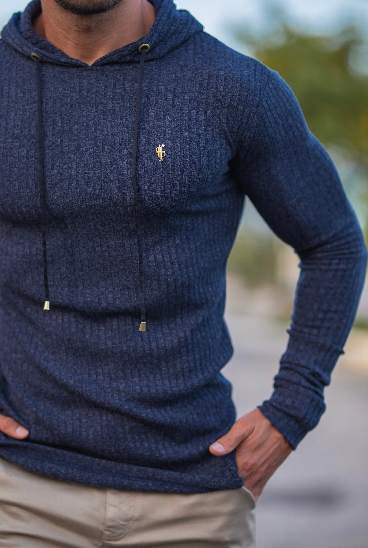 Classic Navy / Gold Ribbed Knit Hoodie Jumper - FSH507