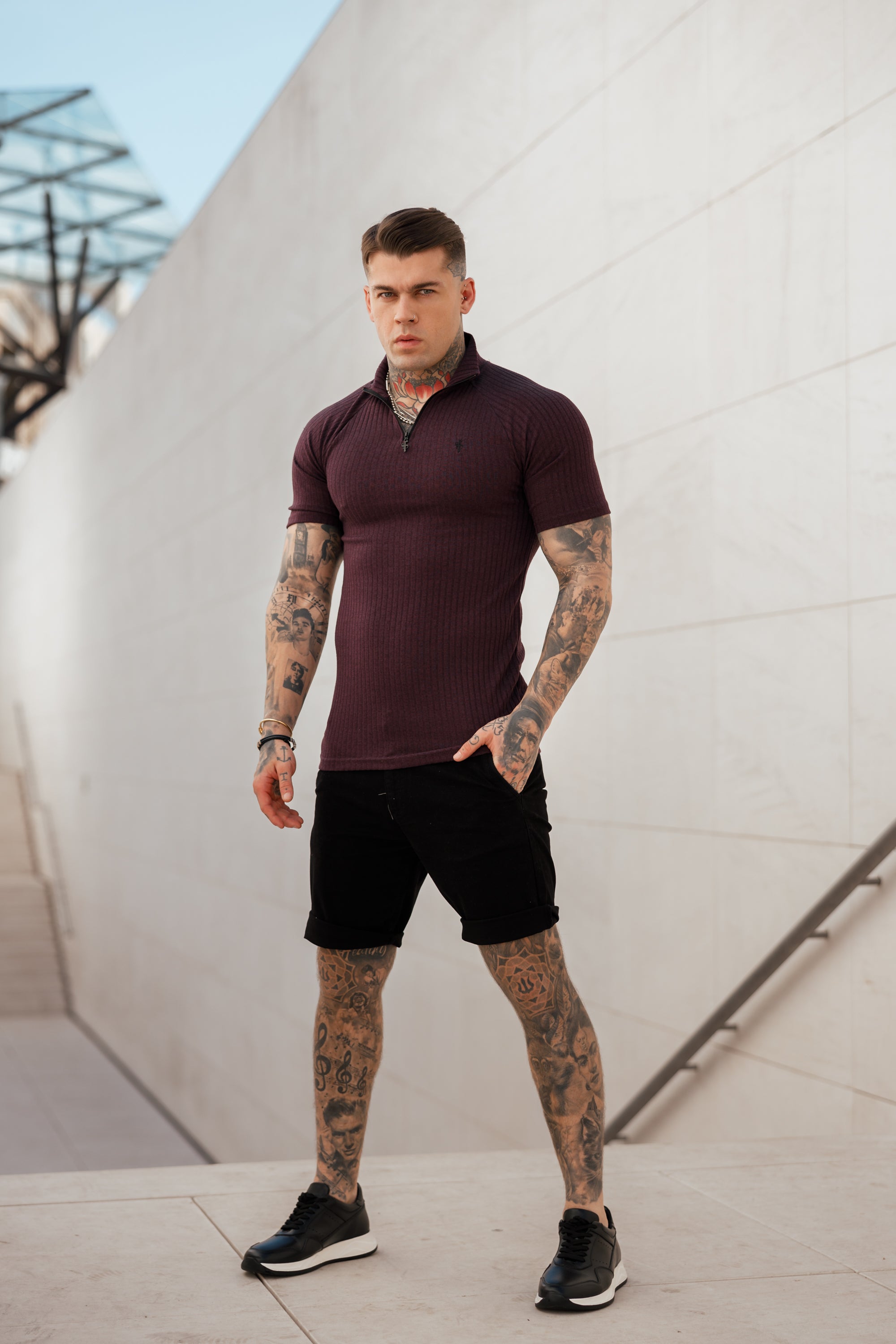 Classic Plum Ribbed Zip Funnel Neck Raglan Short Sleeve Crew - FSH732