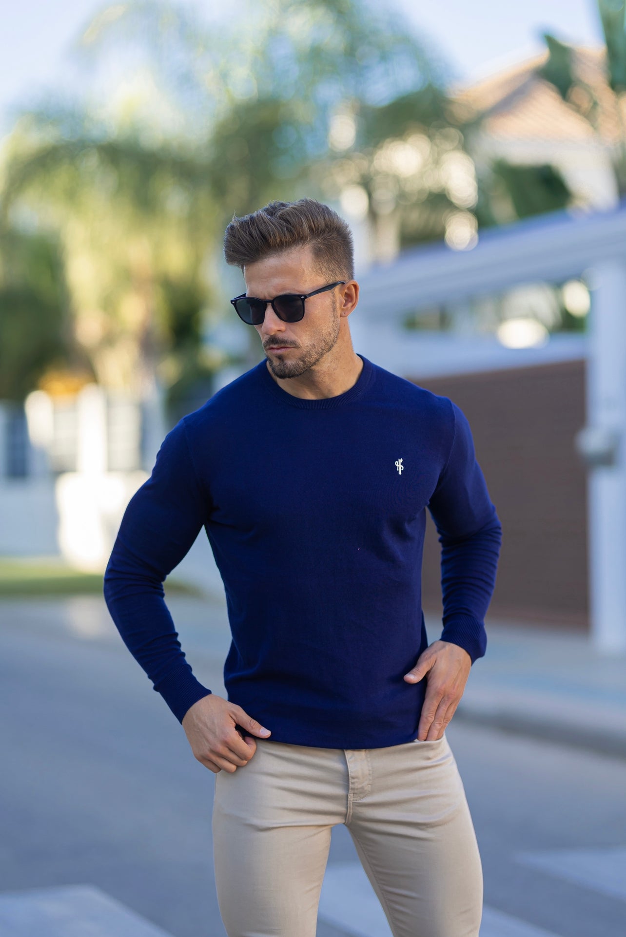 Classic Navy Crew Neck Knitted Jumper with Yellow Embroidery - FSN089