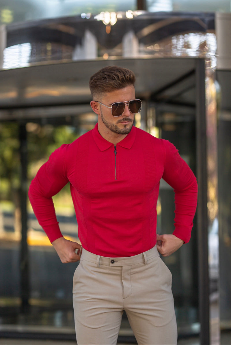Father Sons Classic Poppy Red and Black Zip Knitted Long Sleeve Polo Shirt - FSH567