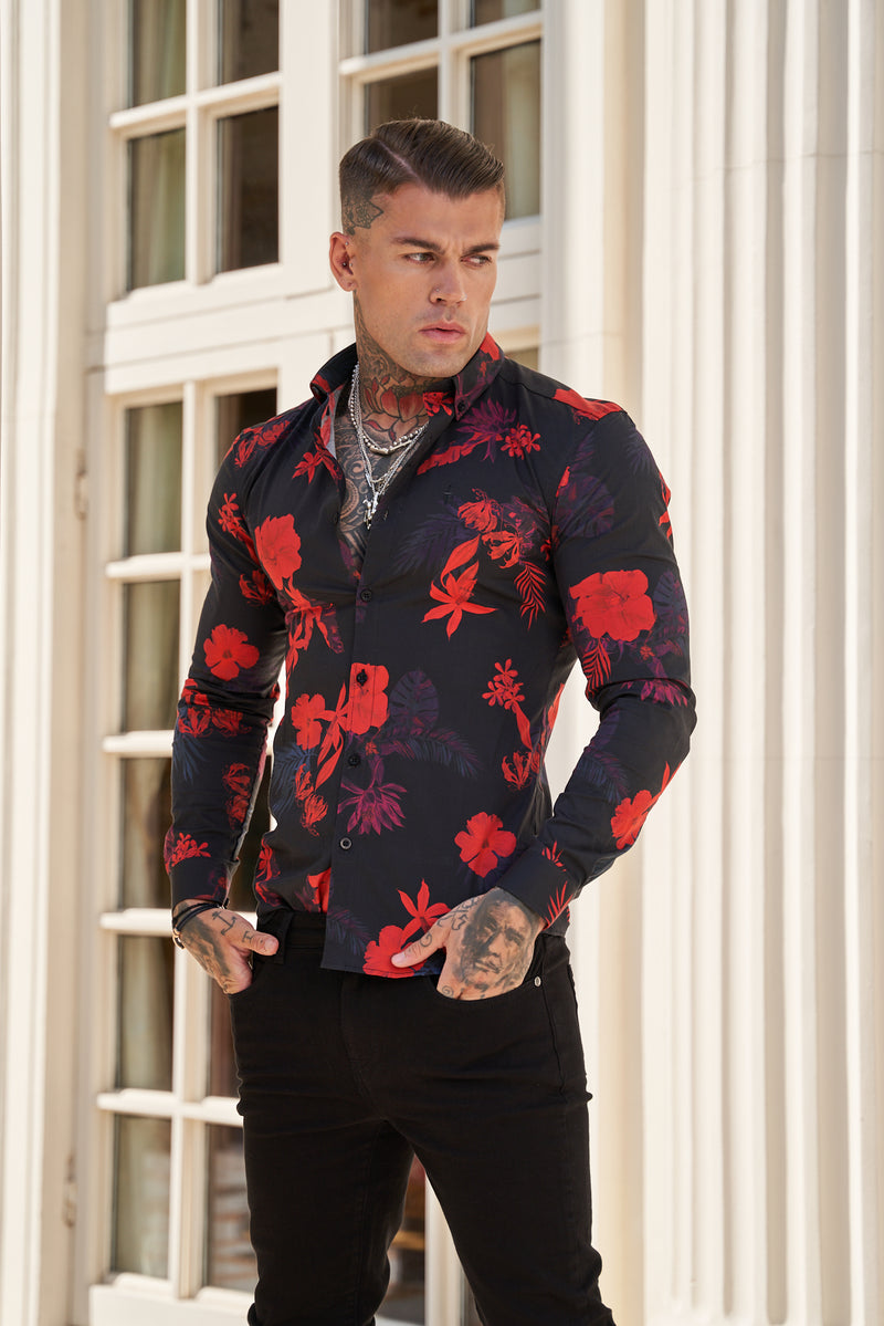Father Sons Super Slim Stretch Black and Red Floral Print Long Sleeve with Button Down Collar - FS770
