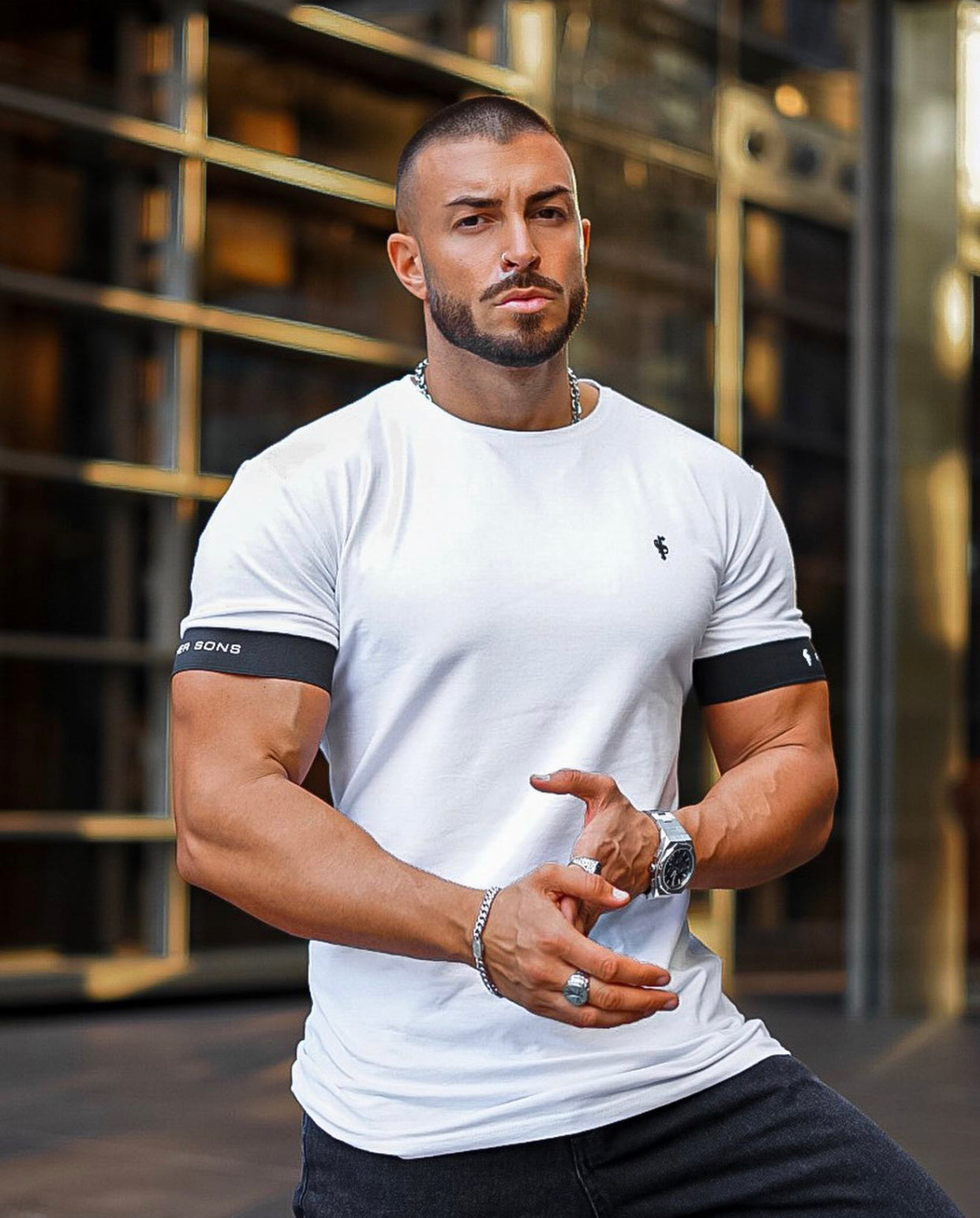 Classic Baby Pink Crew T Shirt with FS Elastic Sleeve Branding