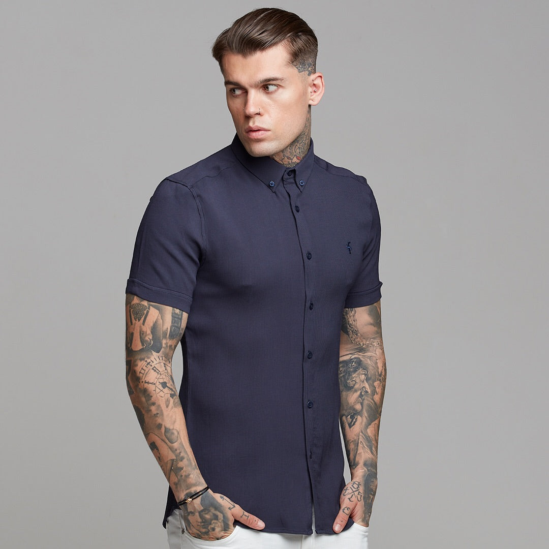 Super Slim Stretch Ribbed Navy Short Sleeve - FS442