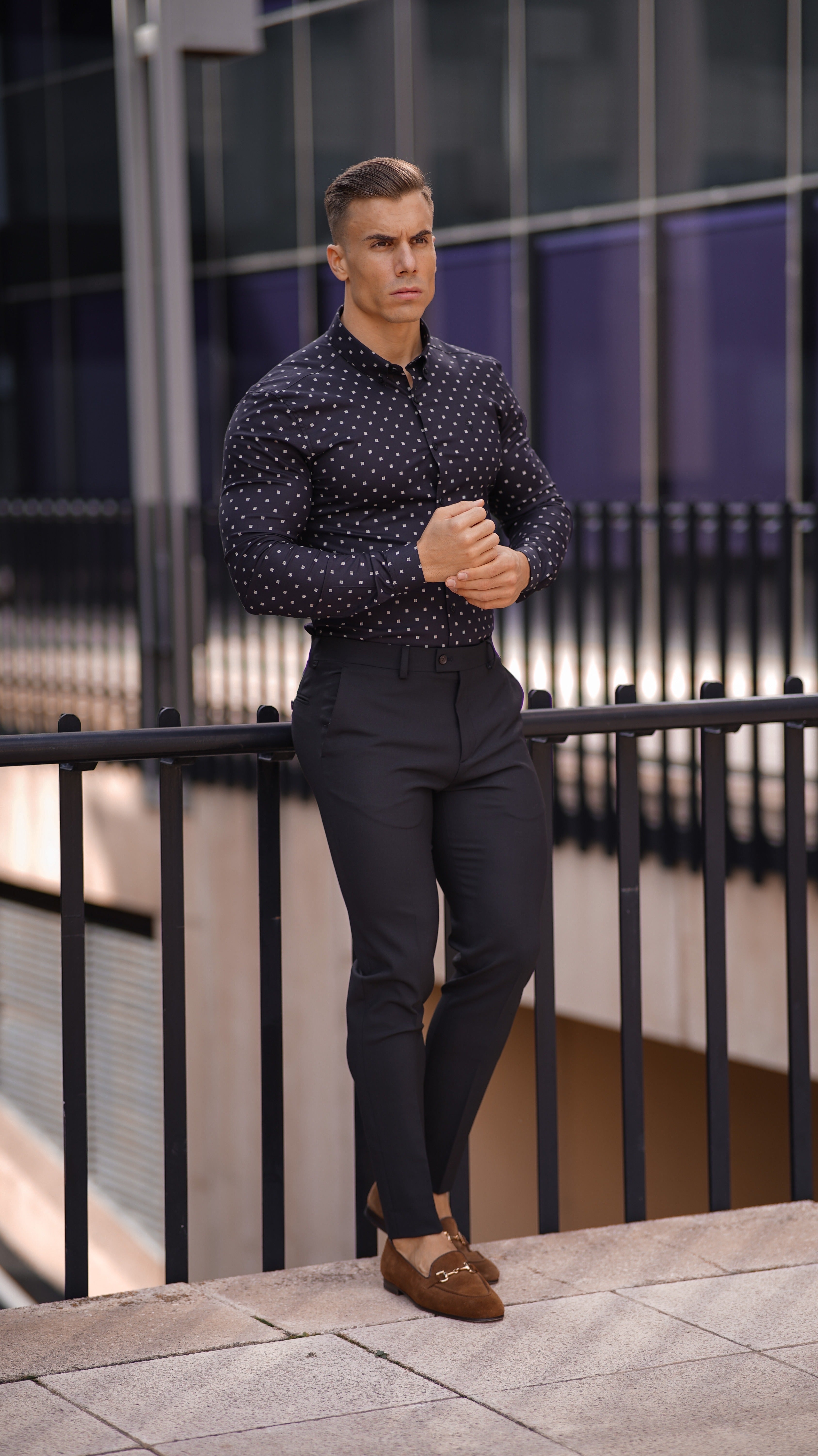 Super Slim Stretch Black & Off White Broken Square Print Long Sleeve - FS662