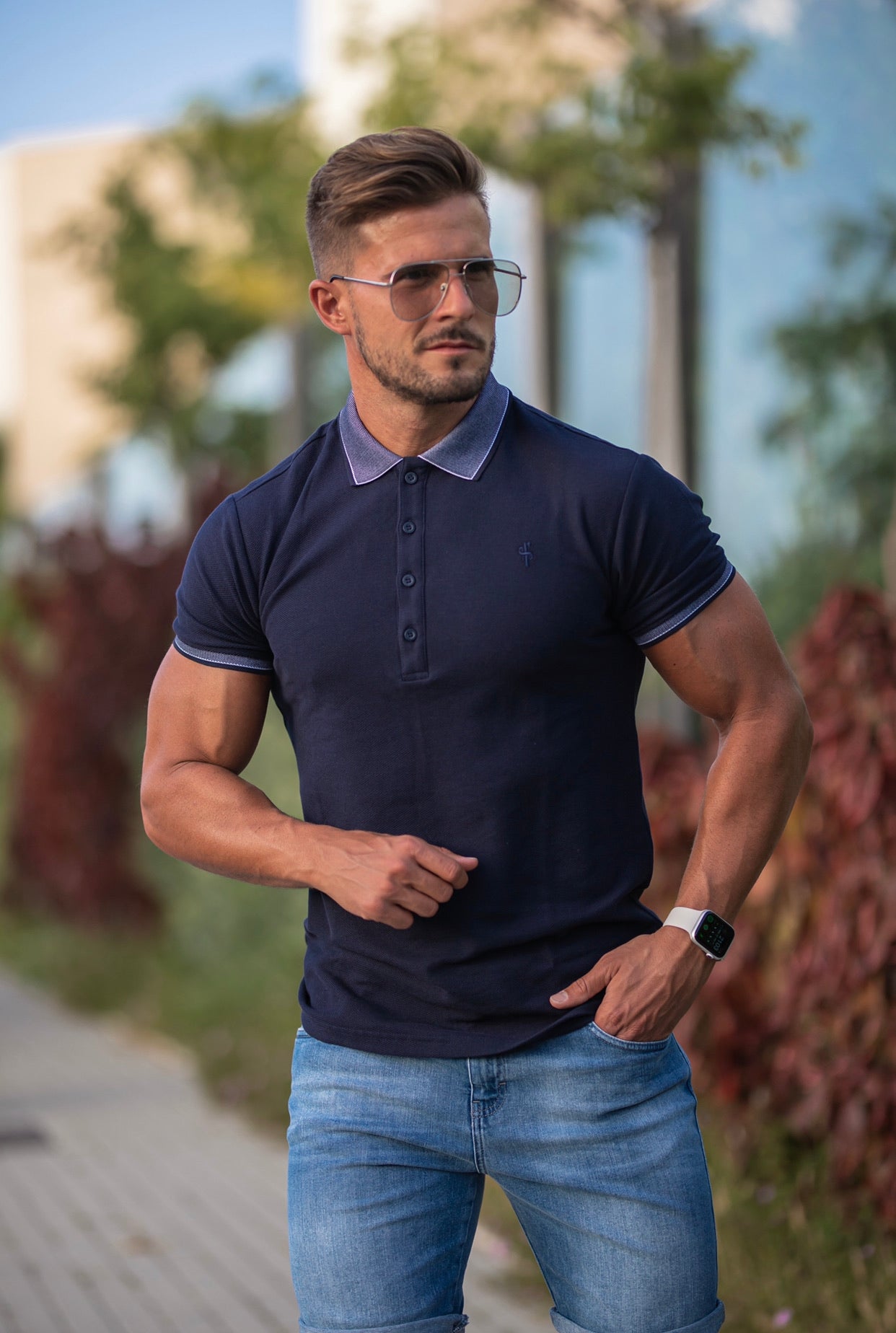 Classic Navy Honeycomb Textured Polo Shirt with Contrast Collar Short Sleeve  - FSH424