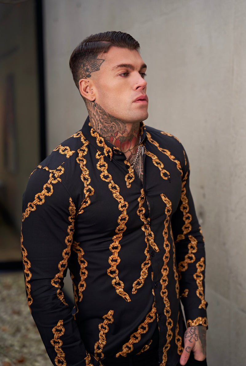 Father Sons Super Slim Stretch Black / Gold Chain Print Long Sleeve wi
