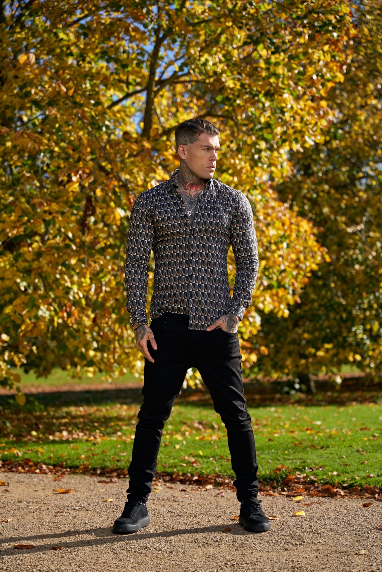 Super Slim Stretch Black Multi Retro Print Long Sleeve with Button Down Collar - FS910