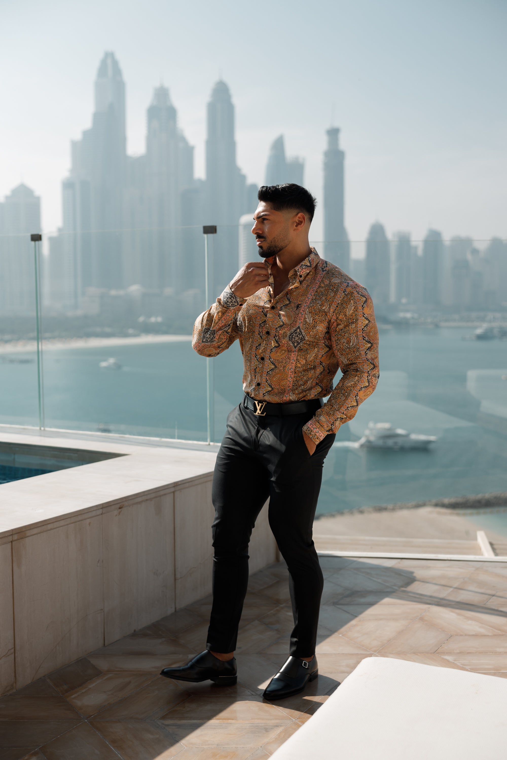 Super Slim Stretch Tan Paisley Print Long Sleeve with Button Down Collar - FS892