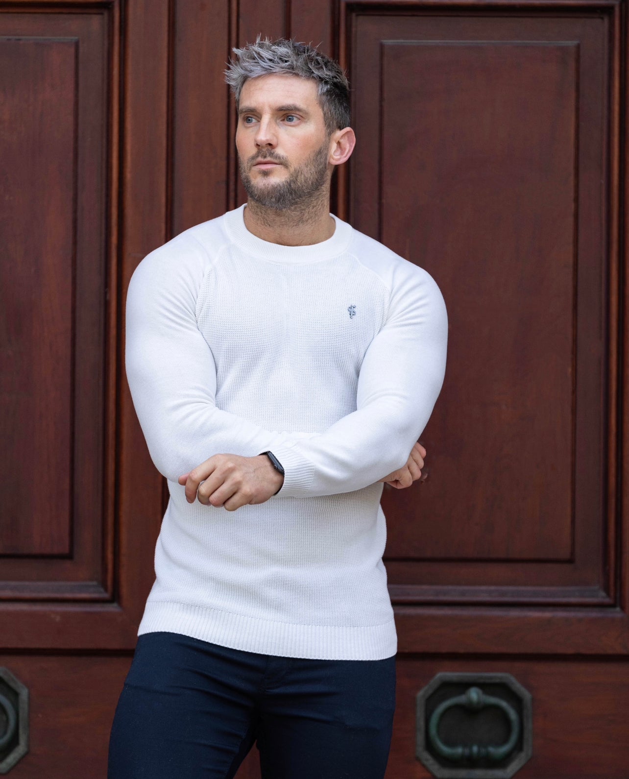 Off White Knitted Honeycomb Raglan Crew Super Slim Jumper With Metal Decal - FSN061