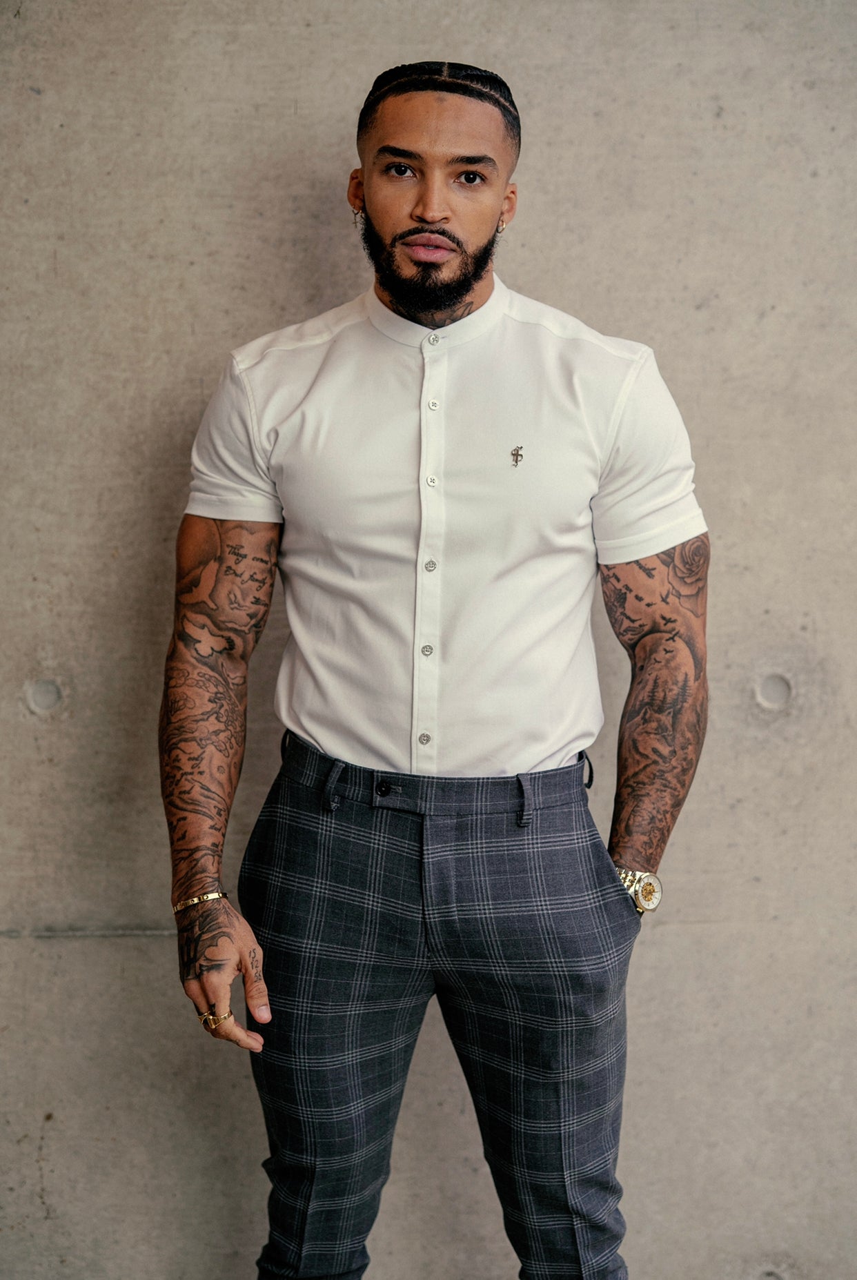 Super Slim Stretch White Denim Short Sleeve Grandad collar with Silver Metal Buttons and Decal Emblem - FS762