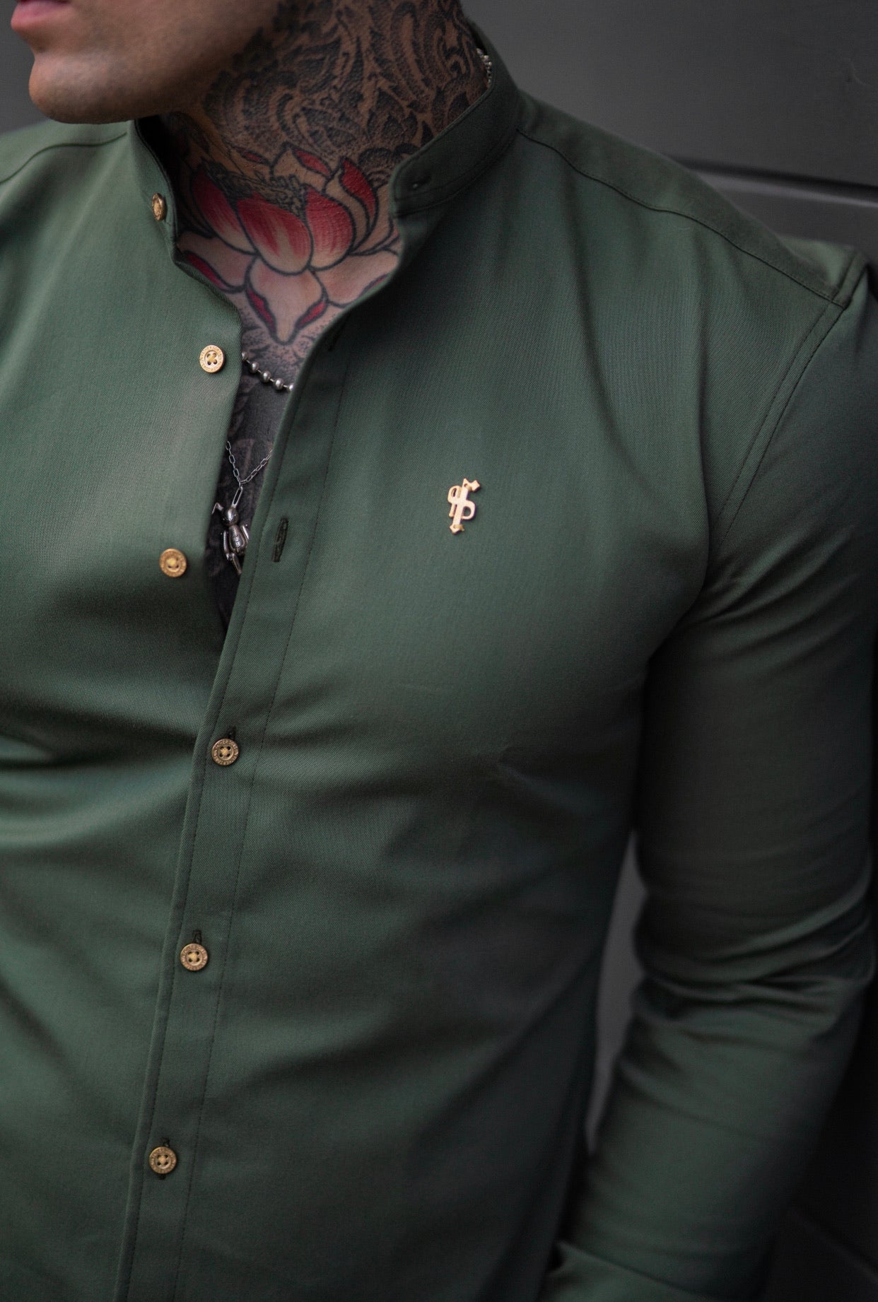 Super Slim Stretch Khaki Denim Long Sleeve Grandad collar with Metal Buttons and Decal Emblem - FS715