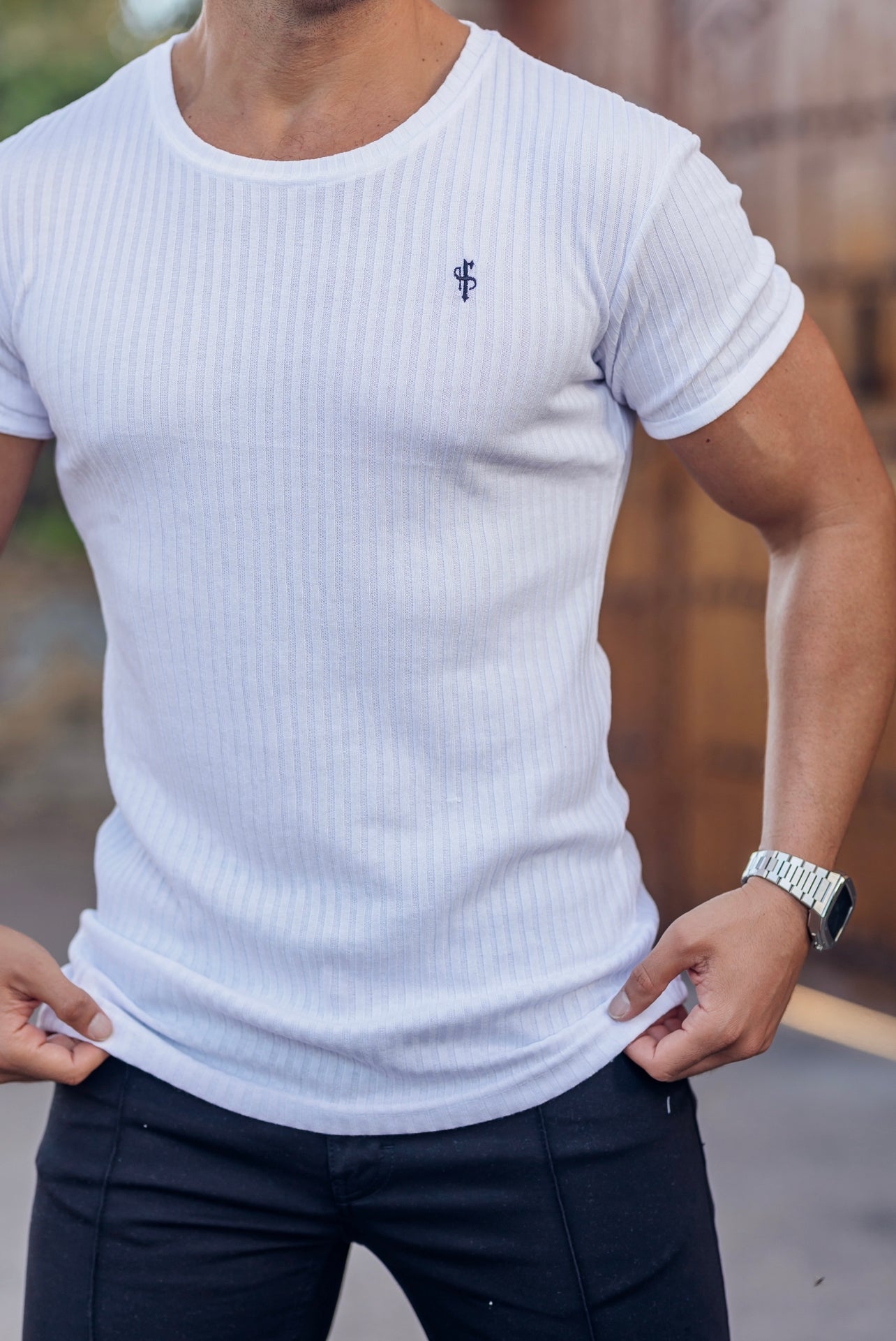 Classic White / Black Ribbed Knit Super Slim Short Sleeve Crew - FSH765