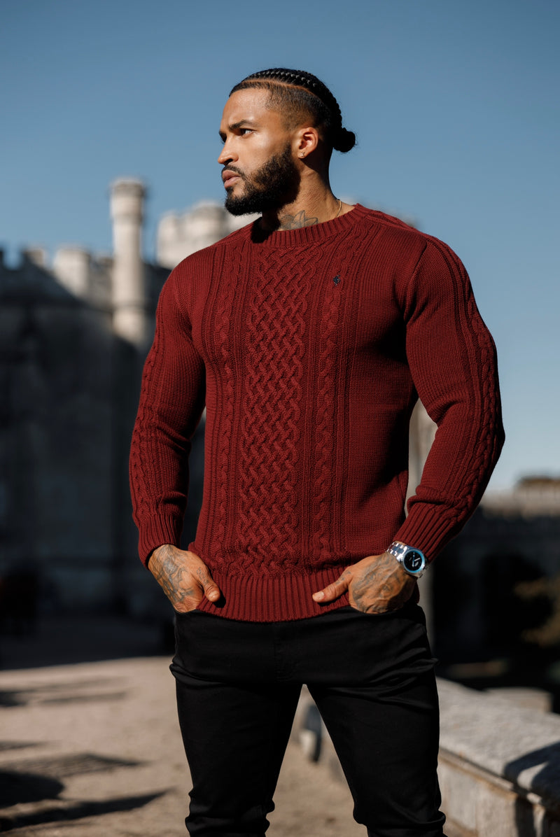 Father Sons Burgundy Knitted Cable Saddle Crew Super Slim Jumper With Metal Decal - FSN079