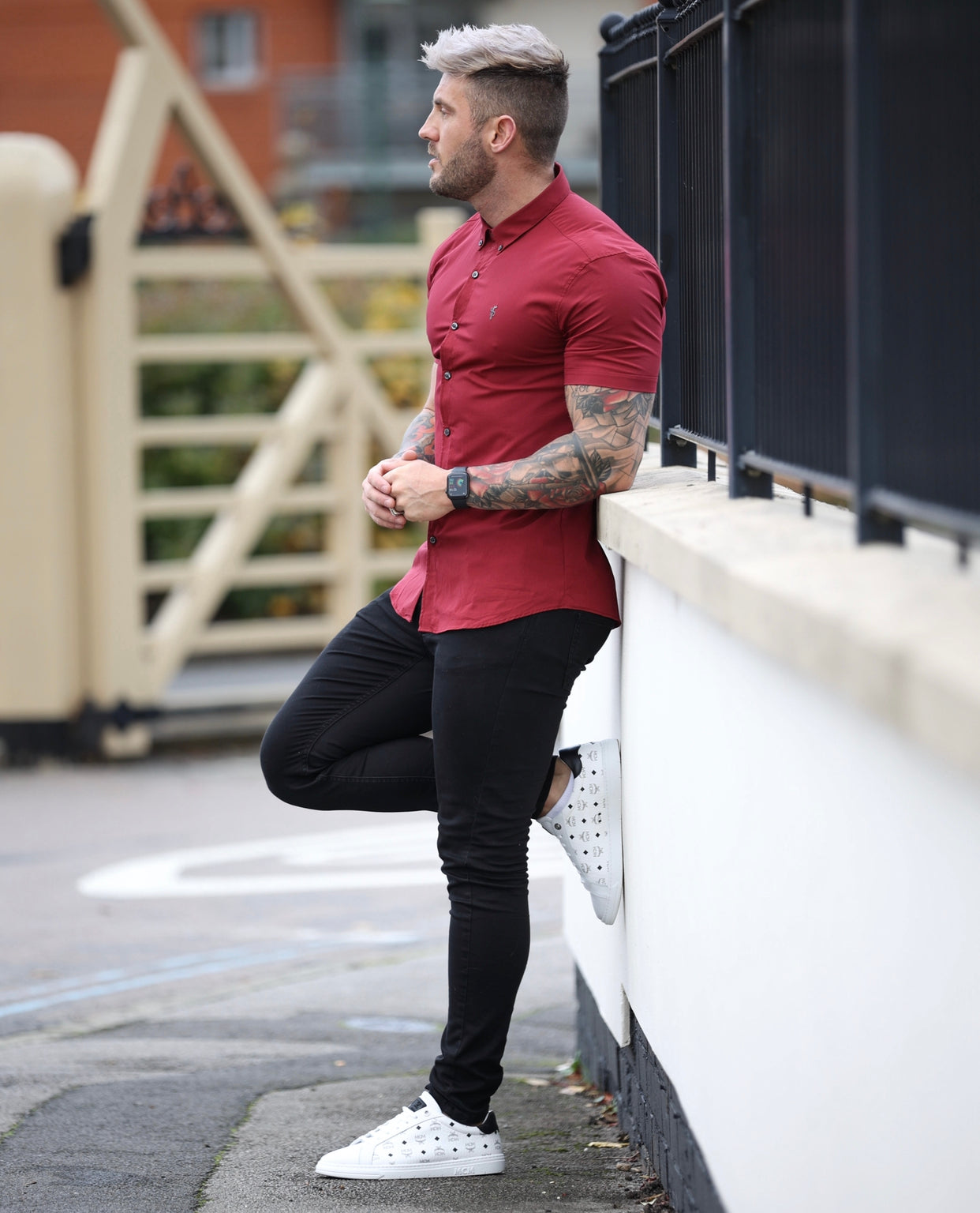 Super Slim Stretch Classic Ox Blood Short Sleeve With Button Down Collar -  FS820